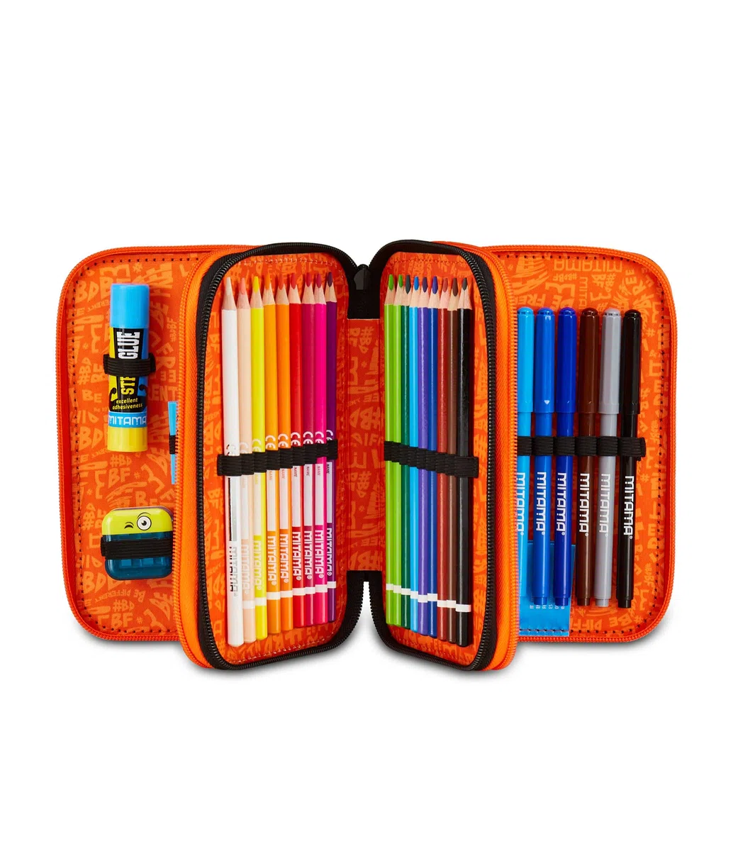 Mitama Astuccio Scuola 3 Scomparti, TRIPLO DOUBLE BALL, Contenuto 47 pz, Completo di Matite, Pennarelli, Portapenne Scuola Elementare Bambino