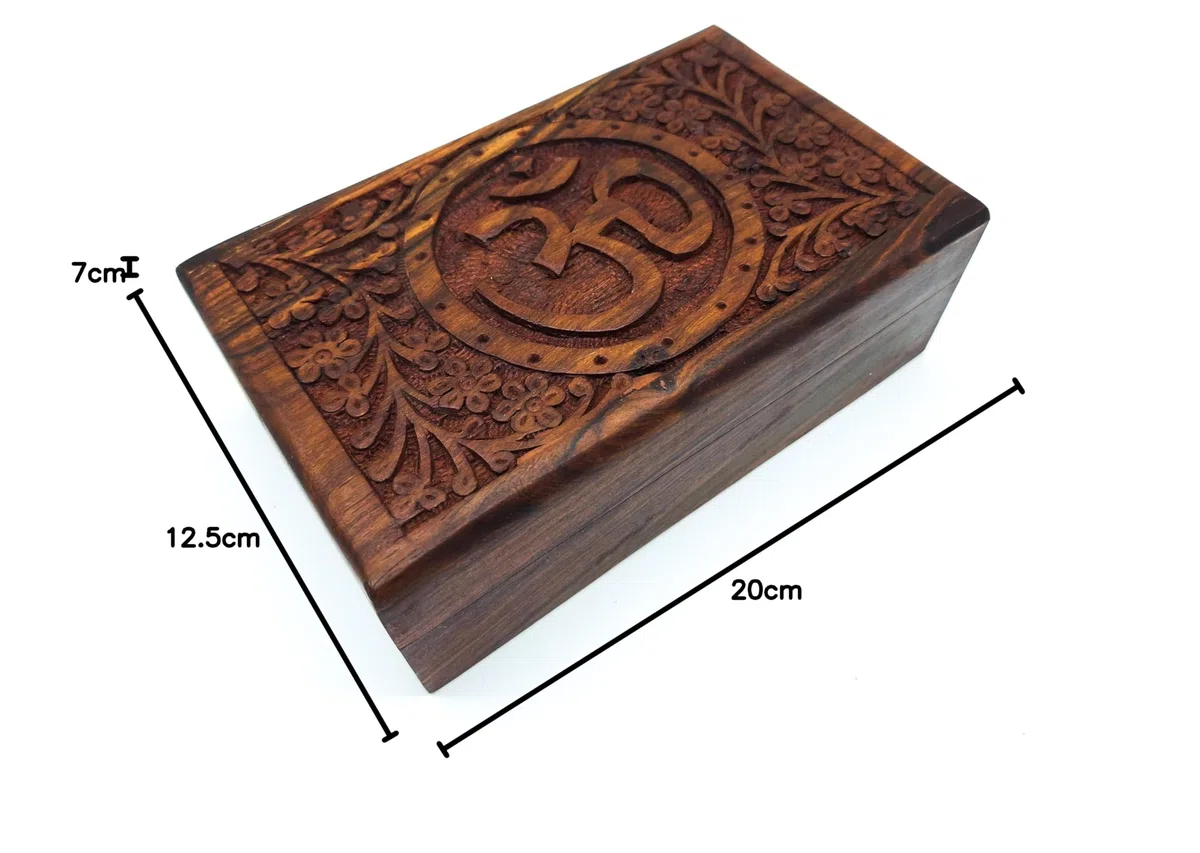 Scatola in legno fatta a mano, misura L, con simbolo Mantra Om Aum, ideale come regalo, spiritualità Lifestyle India (taglia L 20 x 12,5 x 7 cm, peso circa 600 g)