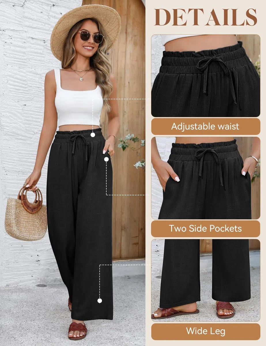 Pantaloni Donna Estivi in Cotone e Lino Eleganti Elastico Vita Alta Leggeri Comodi Larghi Casual con Tasche