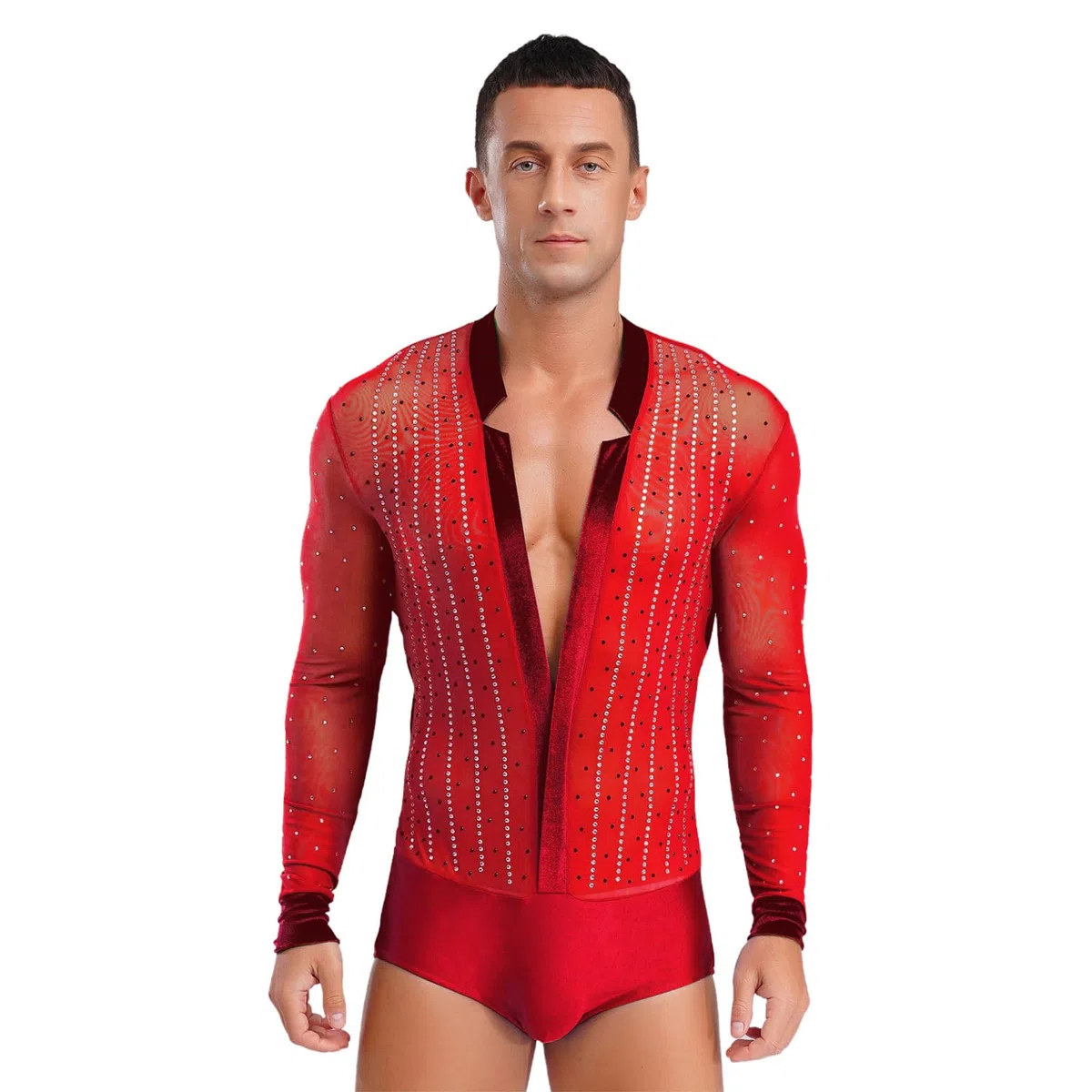 inlzdz Costumi Prestazioni Uomo Camicia da Latino Moderno Slim Fit Vestito con Strass Danza Uomo Body da Ballo Tango Samba Rumba Pratica Prestazione