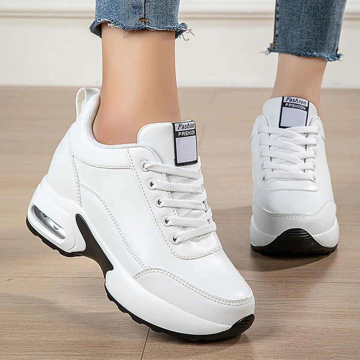 Basket Running Donna in Pelle Antiscivolo con Lacci Basket Rialzo Donna Alla Moda con Tacco di 7 cm Scarpa Sport Tempo Libero Sneakers Confortevoli Autunno Inverno per Running Outdoor