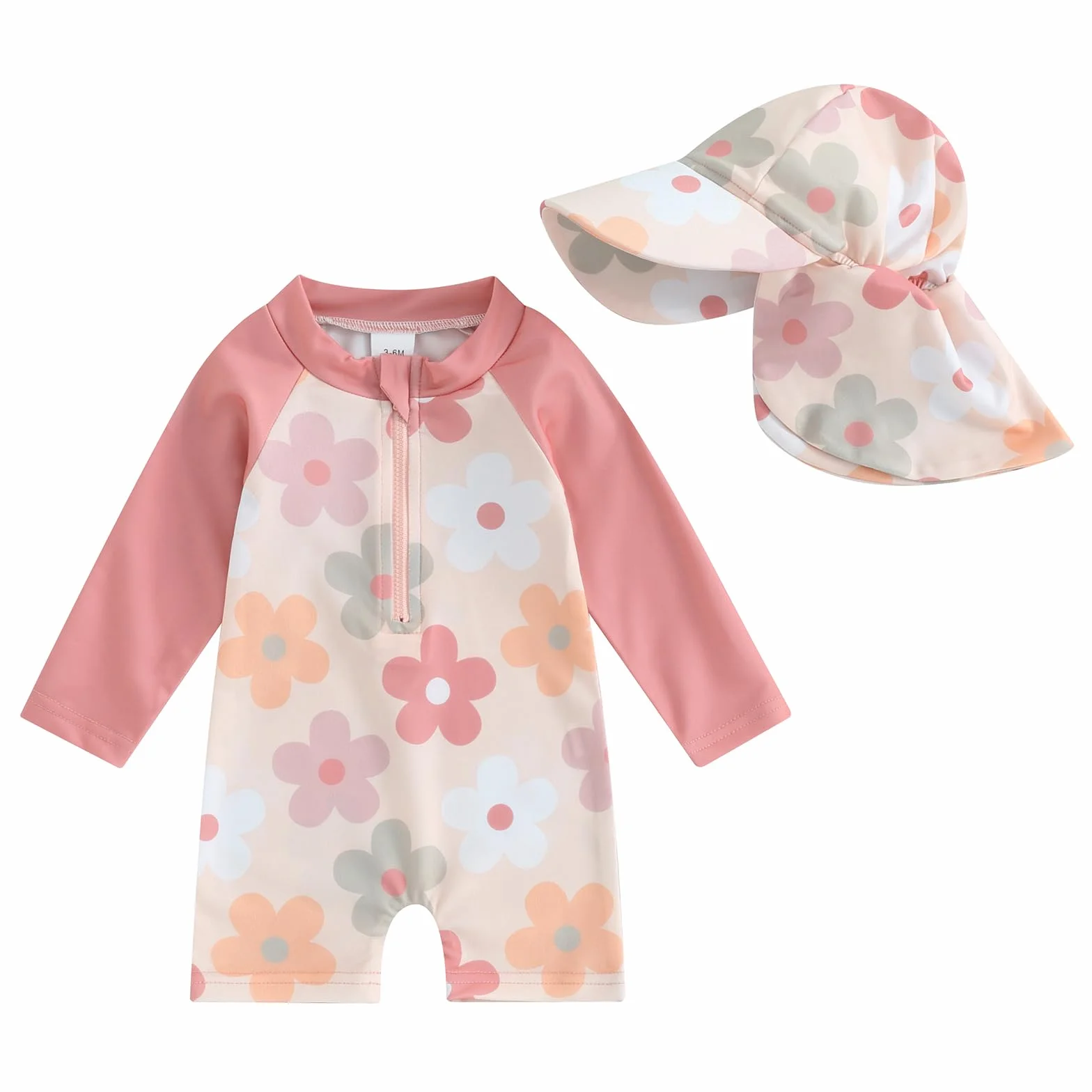 Carolilly Costume da bagno a maniche lunghe per bambini, con cerniera, anti-UV, con cappello (fiori rosa, 3-6 mesi)