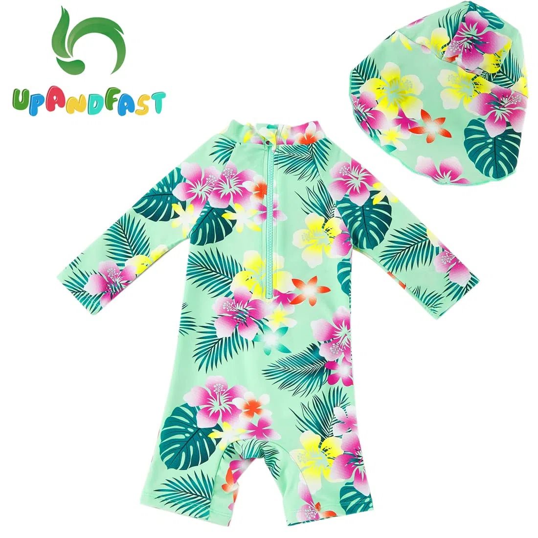 upandfast Costume da Bagno Intero per Neonate con Cerniera e Cappello da Sole UPF 50+