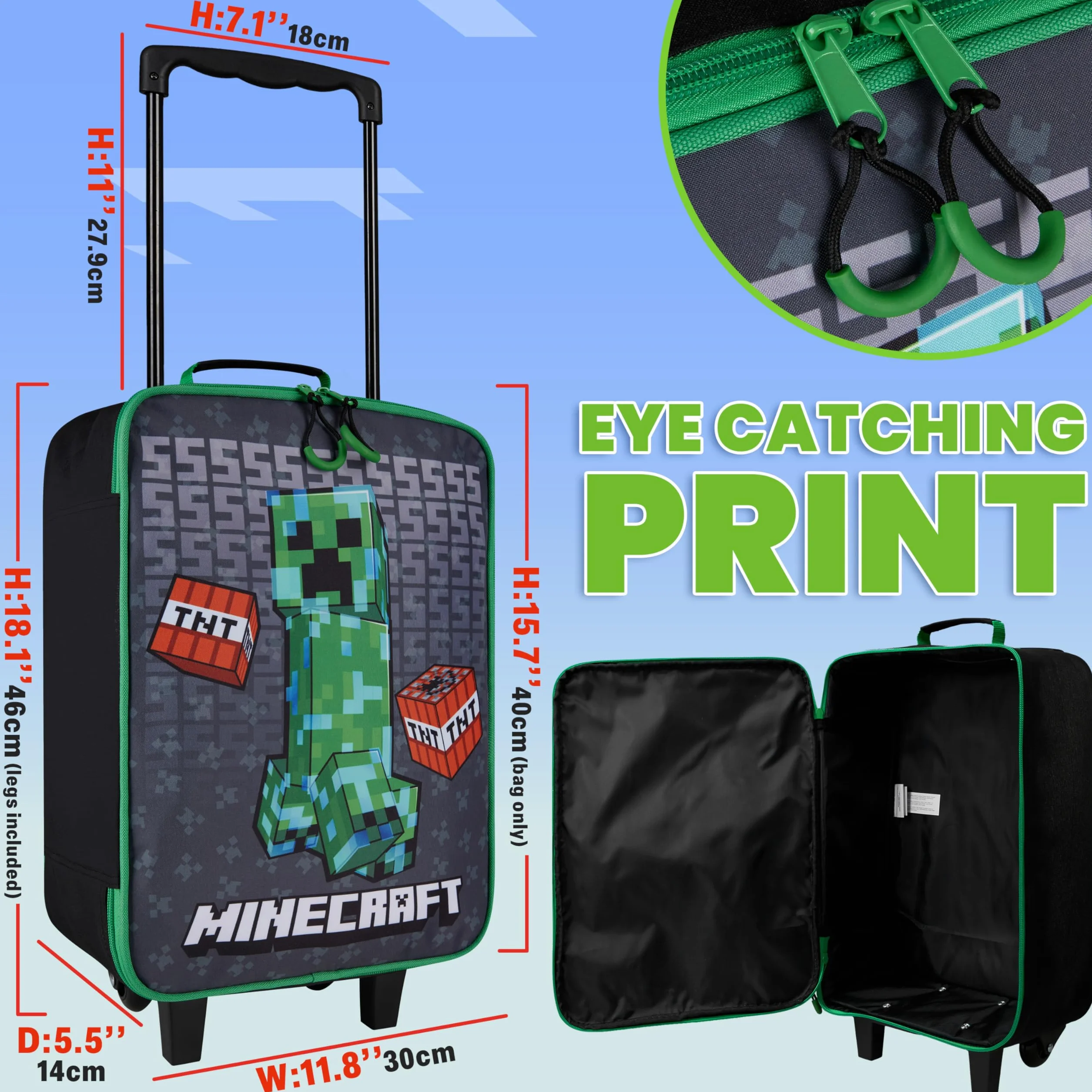 Minecraft Valigia Bambino con Ruote Creeper Pieghevole Trolley da Viaggio Morbido Valigie Bambini Accessori Viaggio, 46x30x18cm, 15L (L46cm x W30cm - 15L, Nero)
