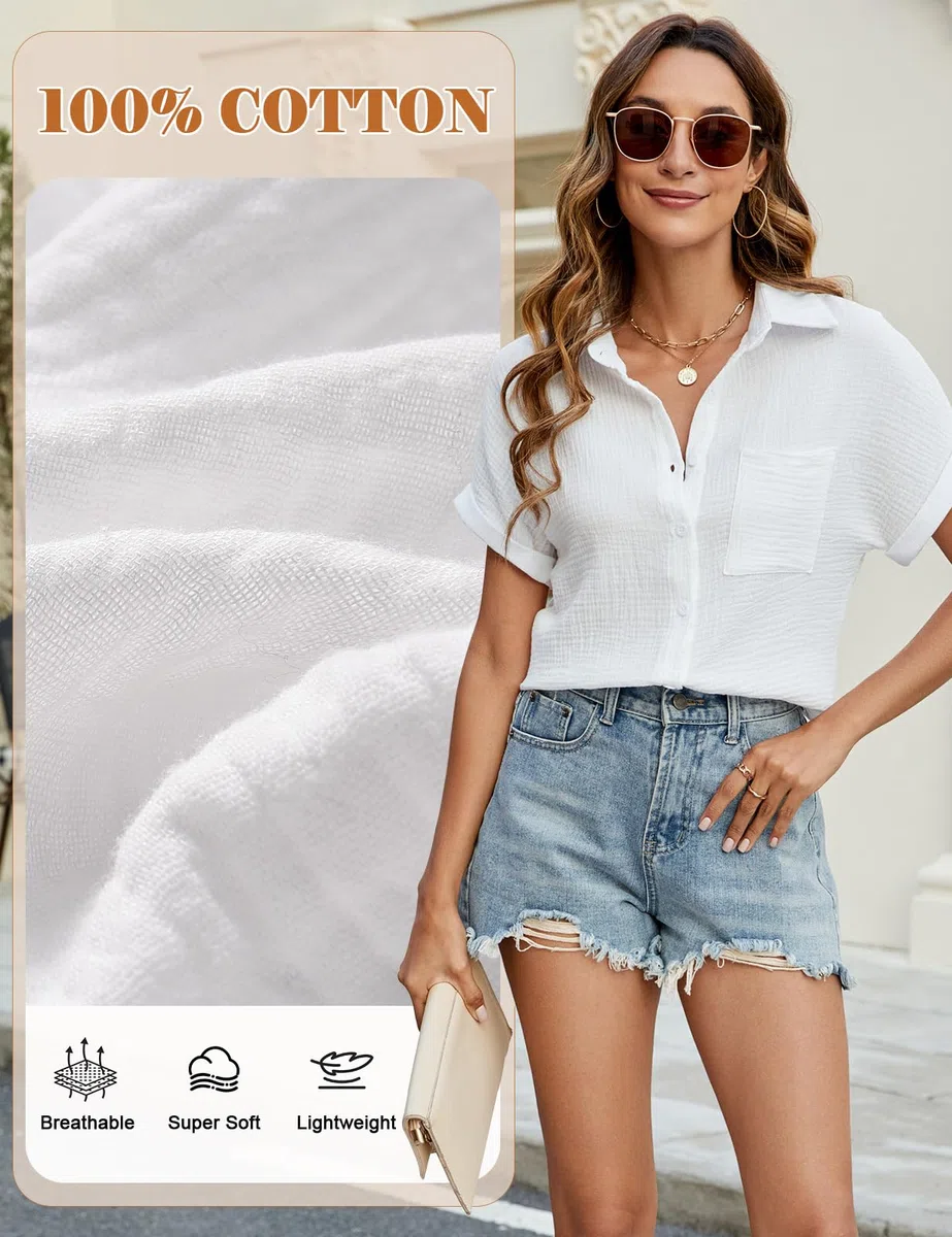 Camicia Donna Estiva Camicetta Manica Corta da Donna Casual Cotone Elegante Blusa con Scollo a V Maglietta con Bottoni Moda Tinta Unita Tunica Classico Top T Shirt