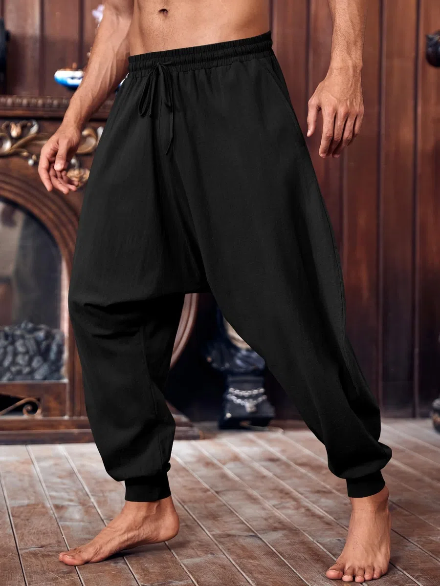 Runcati Pantaloni da uomo tinta unita pantaloni estivi pantaloni vichinghi pirata medievale leggero elastico vita baggy pantaloni casual con coulisse e tasche pantaloni hippie