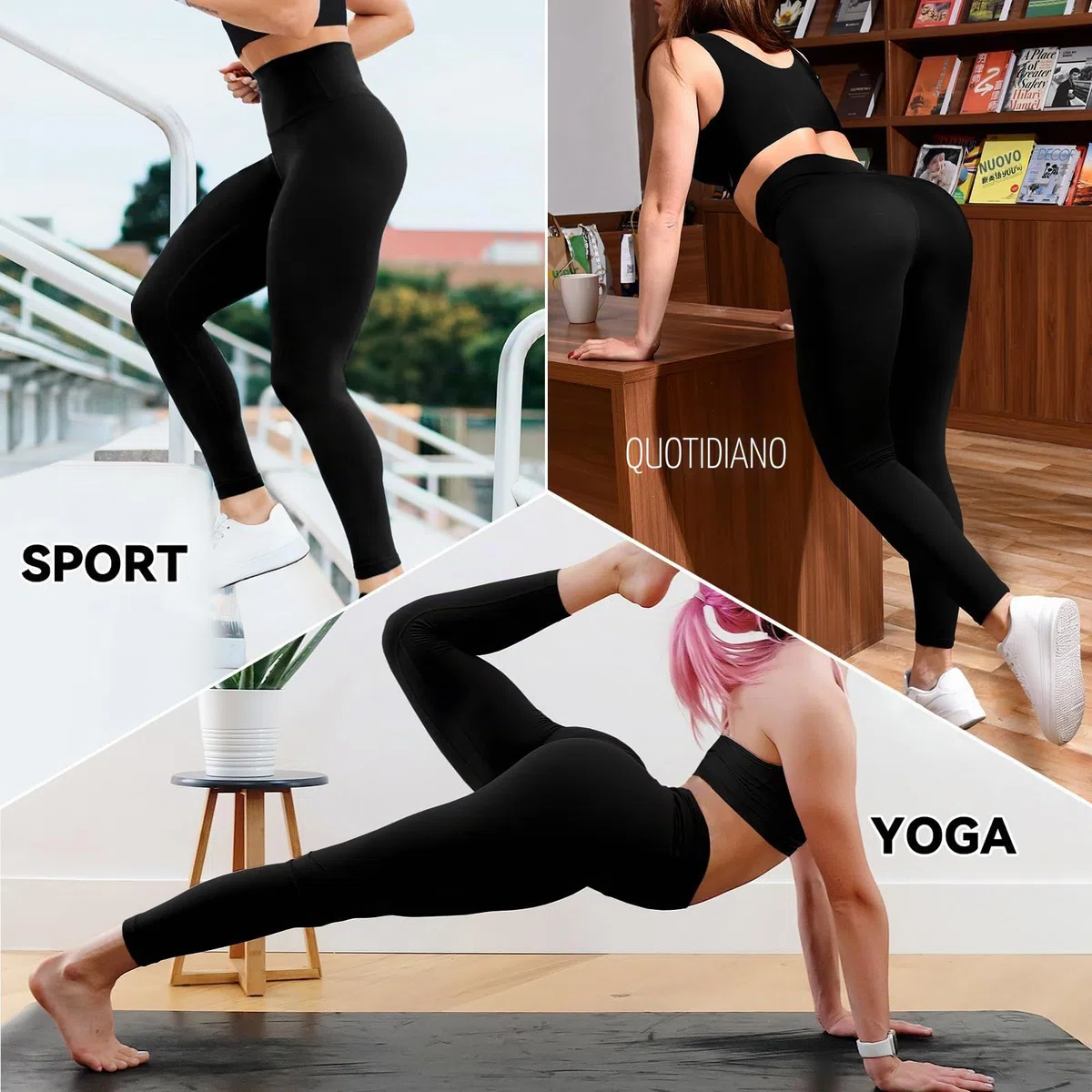 Sinophant - Leggings da donna, a vita alta, opachi, neri, per palestra, yoga, sport, confezione da 3