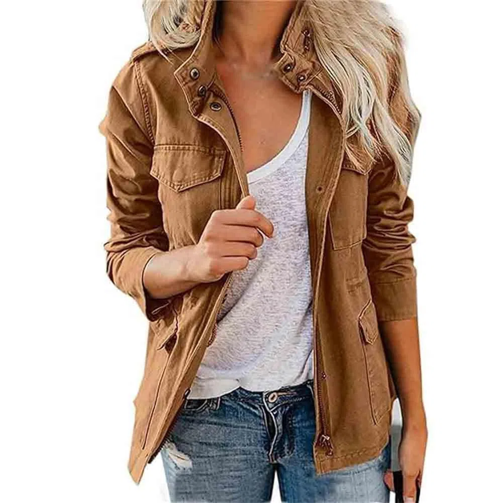 Generisch Giubbino militare da donna leggero casual chiusura lampo bottoni automatici utility cargo cappotti con tasca giacca marrone