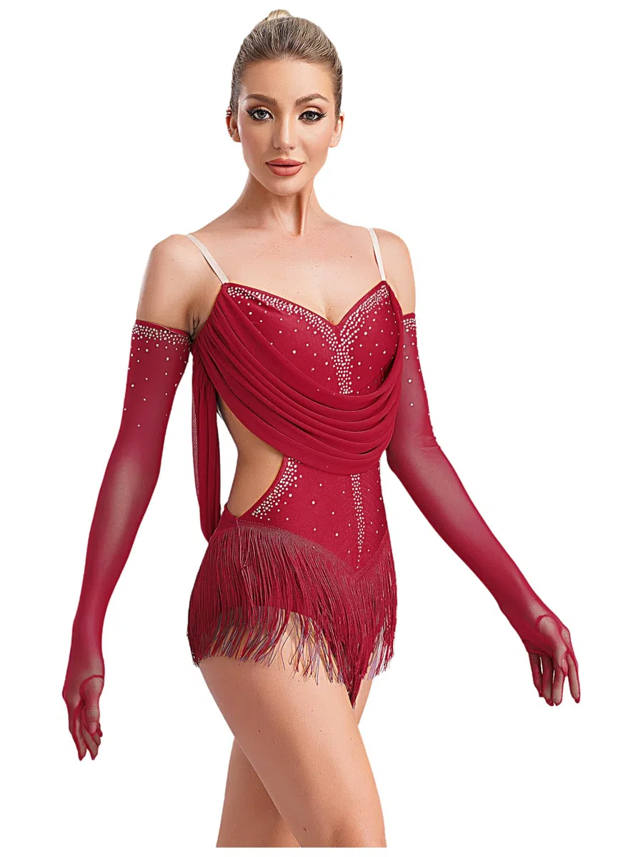Freebily Abito da Ballo Latino Americano Donna con Nappe Strass Body Danza Classica Moderna con Guanti Balletto Leotards Costume da Danza Samba Rumba Salsa Sala da Ballo