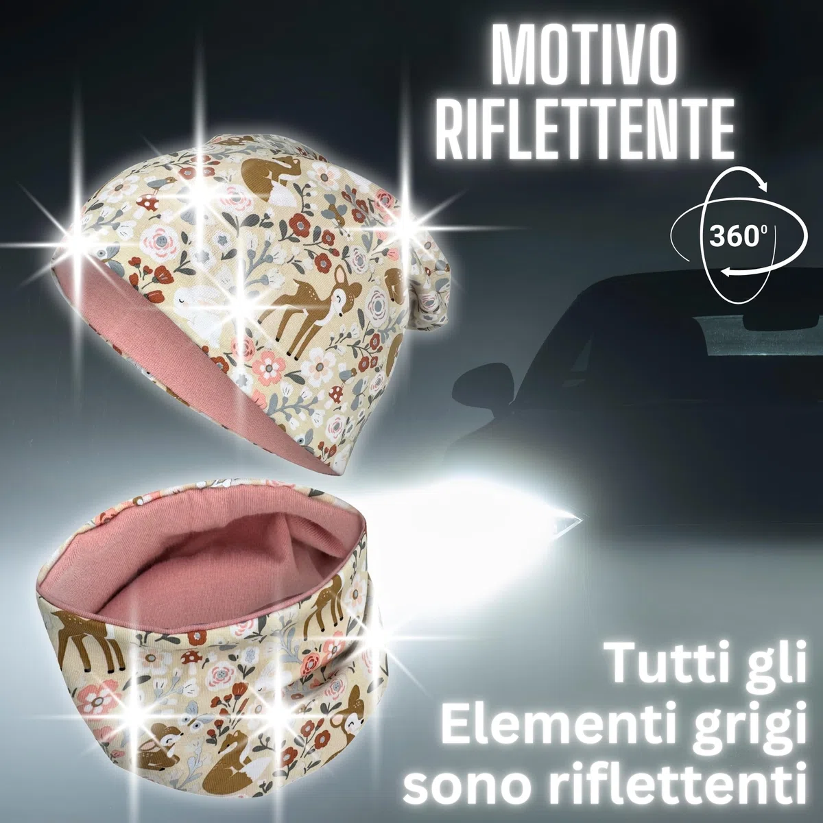 HECKBO Set Berretto & Scaldacollo 360° Riflettente per Bambini – 95% Cotone – Materiale elastico morbido e facile da curare – Beanie Primavera Autunno Inverno (48–54 cm)