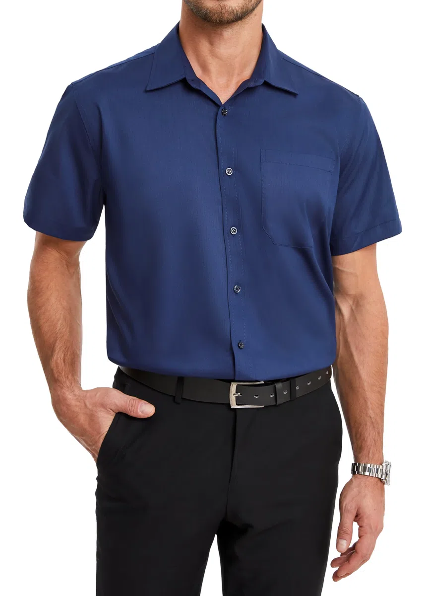 HISDERN Camicia Maniche Corte Uomo Camicia Uomo Estiva in Fibra di bambù Camicie Regular Business con Bottoni e Tasche