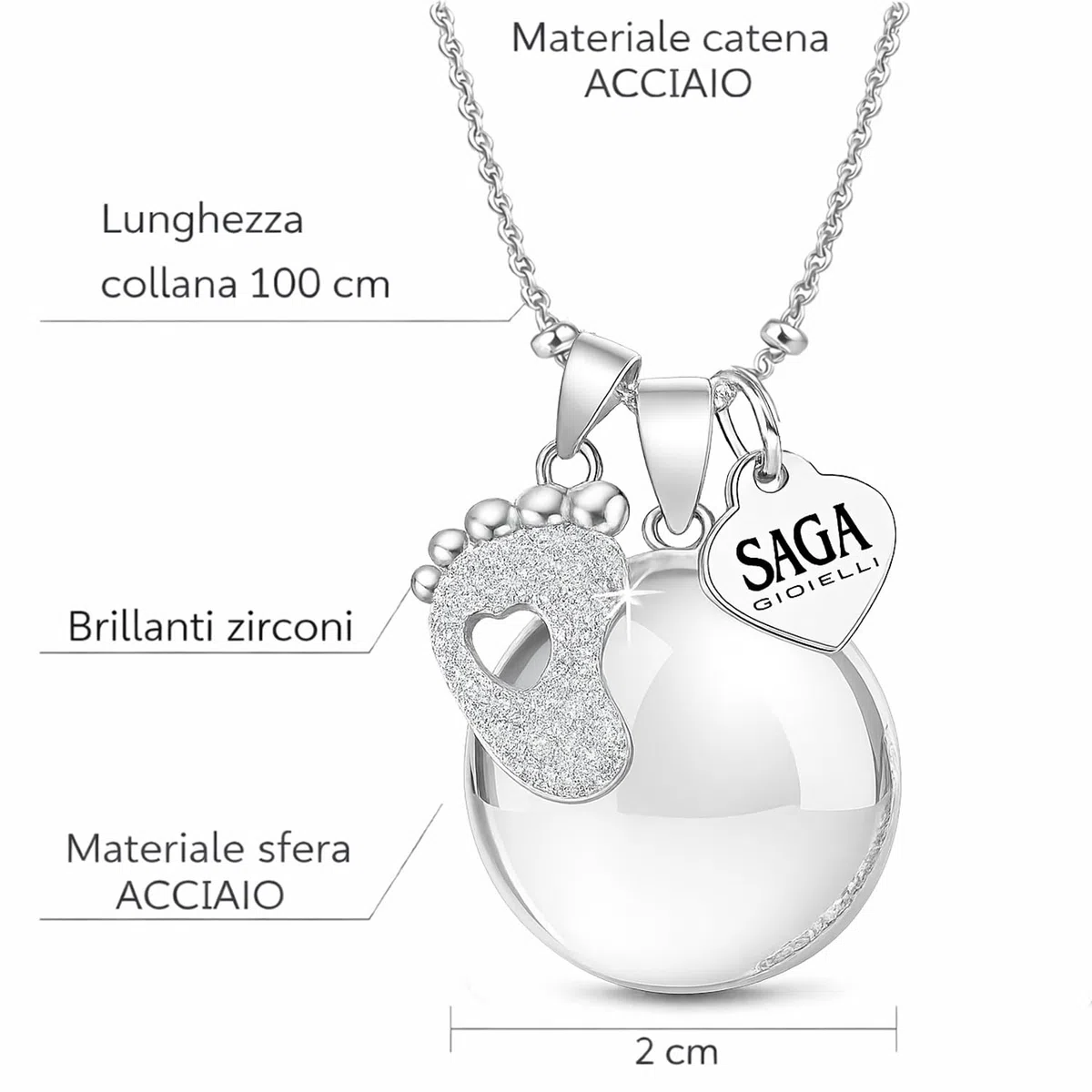 SAGA GIOIELLI - Collana Chiama Angeli Gravidanza Lunga con Ciondolo Richiamo Degli Angeli Gravidanza, Idee Regali per Donne Incinte come Porta Fortuna, Regalo per Futura Mamma (Piedino Cristalli)