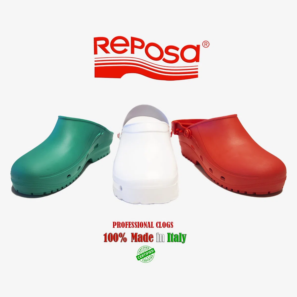 REPOSA Light One, Zoccoli Sanitari Donna Uomo in EVA con Suola Antiscivolo e Antibatterica, Ciabatte Sanitarie Anatomiche con Laccetto Ribaltabile, Scarpe Sanitarie Infermieri Traspiranti Ultraleggere