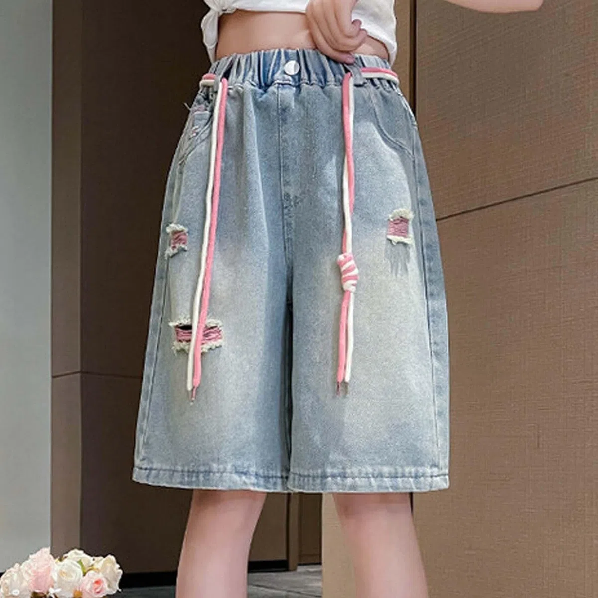 Pantaloncini Jeans Estivi Ragazze,Pantaloncini Corti da Ragazza con Elastico in Vita Tasche Lunghezza al Ginocchio Bambine Denim Shorts Estate Pantaloni Baggy per Bambini e Adolescenti, 3-16 Anni