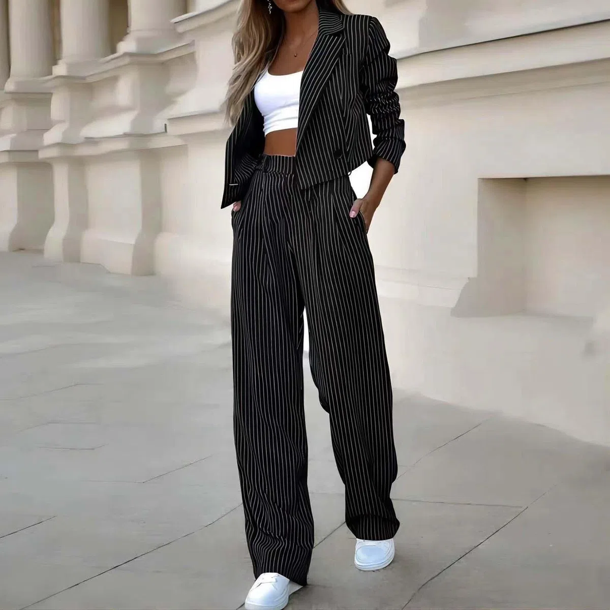 pvucpot Tailleur Gessato Donna Eleganti 2 Pezzi Gilet e Pantaloni Ufficio e Lavoro Completo Donna Estate Blazer Maniche Lunghe Tuta Elastici in Vita Set di Abiti in Tinta Unita