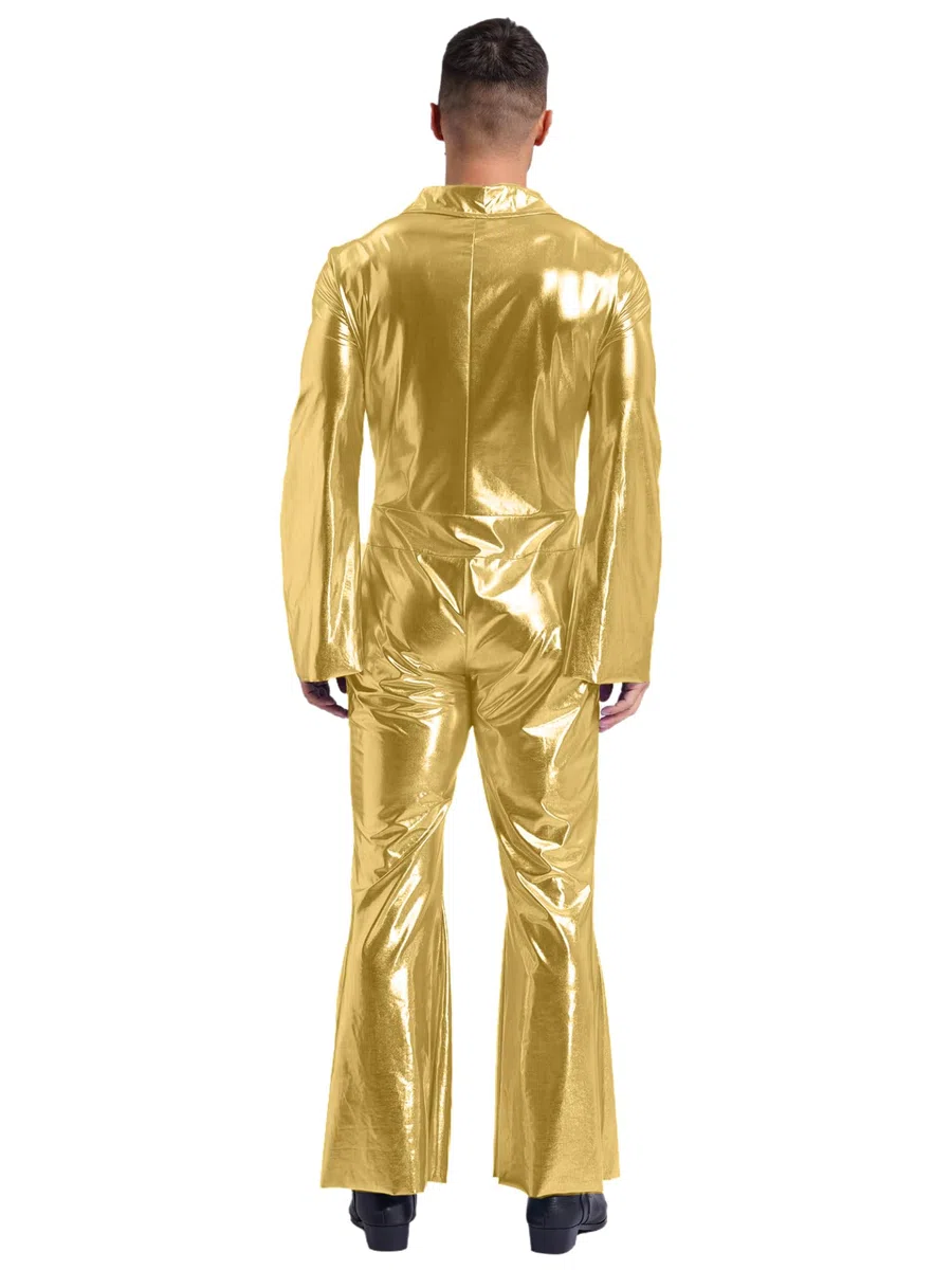 70s Disco Outfit Uomo Glitter Metallic Jumpsuit Lunga Tuta Stretch Flare Pantaloni Gamba Larga Olografica Festival Outfit