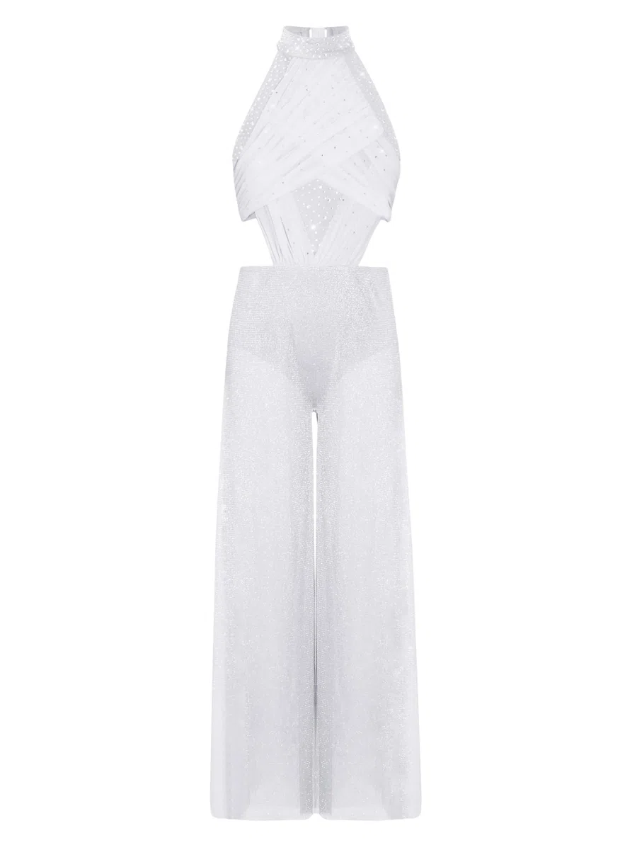CHICTRY Tuta da Ballo Latino per Bambina Pantaloni a Gamba Larga a Vita Alta in Tulle Jumpsuit Elegante Body da Ginnastica Artistica Leotards Danza Classica
