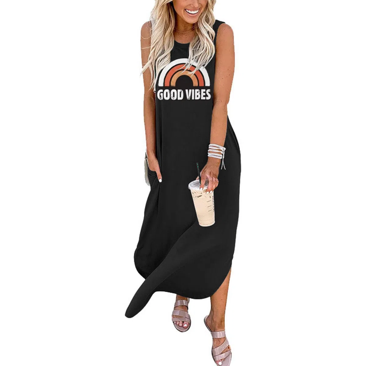 Vestito Donna Estate Elegante Maxi Canotta Abito Donna Estivo Lungo Abito Spiaggia Vestito Donna Sexy Casual Senza Maniche Maxi Vestito Gilet Abito con Tasche