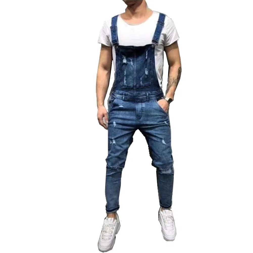 FANSU Salopette da Uomo con Jeans, Tuta di Jeans Strappati Moda Lavaggio Rotto Tasca Pantaloni Reggicalze Pantaloni Casual da Elasticizzato
