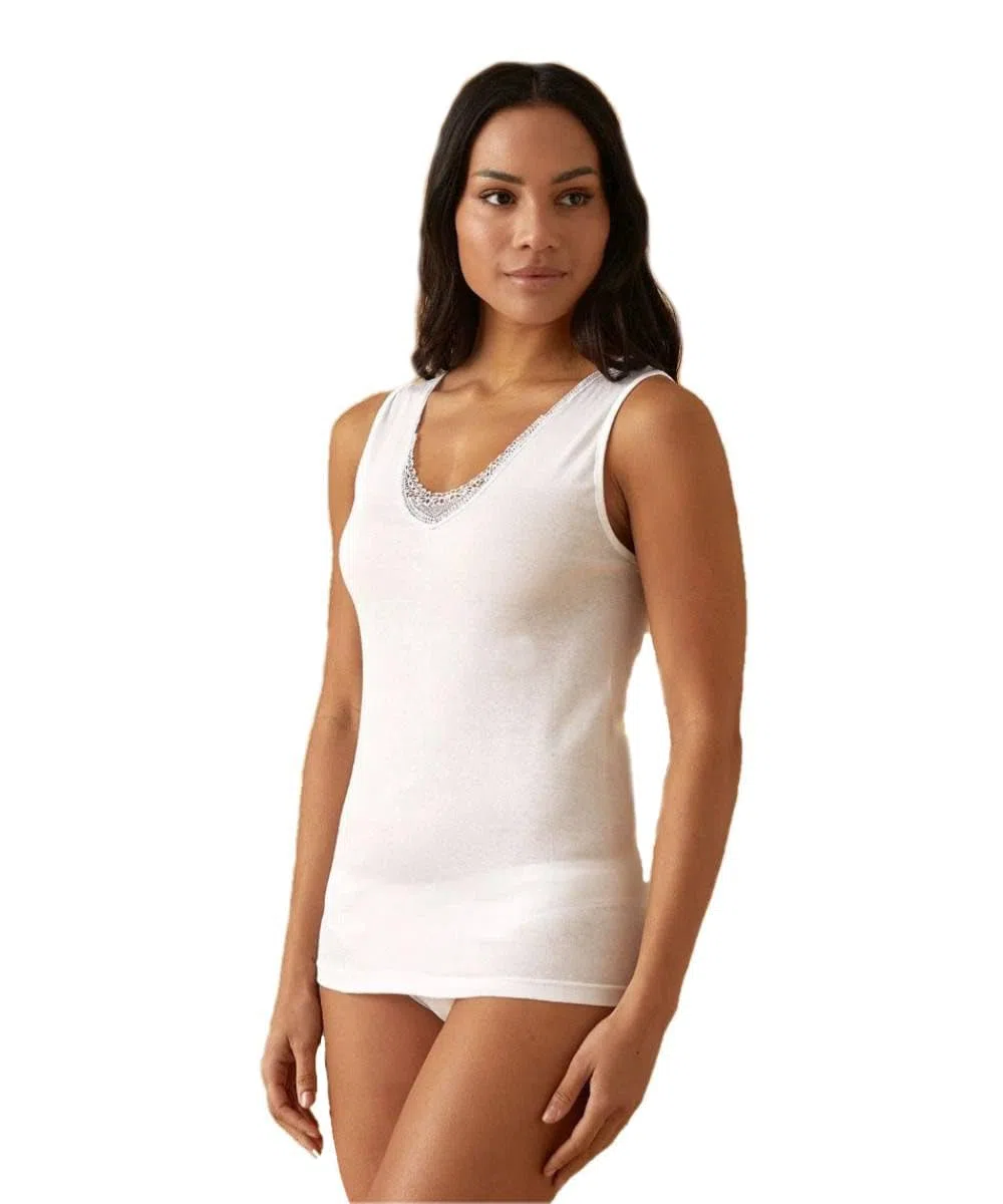 JADEA 3 Pezzi Canotta Donna Spalla Larga 9001 Inserti in macramè in Cotone