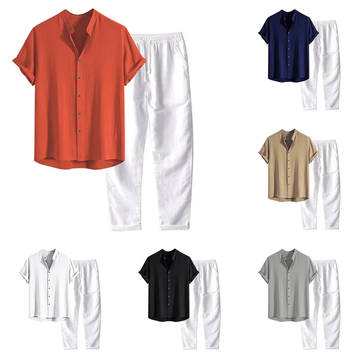 Fulidngzg Completo di Lino Estivo Uomo 2 Pezzi Casual per Spiaggia Tuta Completa in Cotone e Lino Maglietta + Pantaloni con Coulisse Set Uomini Completo Uomo Estivo Elegante
