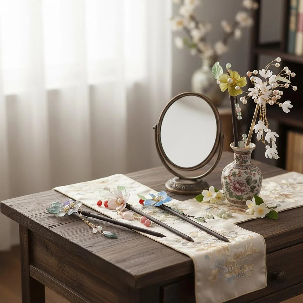 Set di forcine asiatiche con decorazioni floreali, 5 bacchette per capelli in legno e metallo, 18 cm