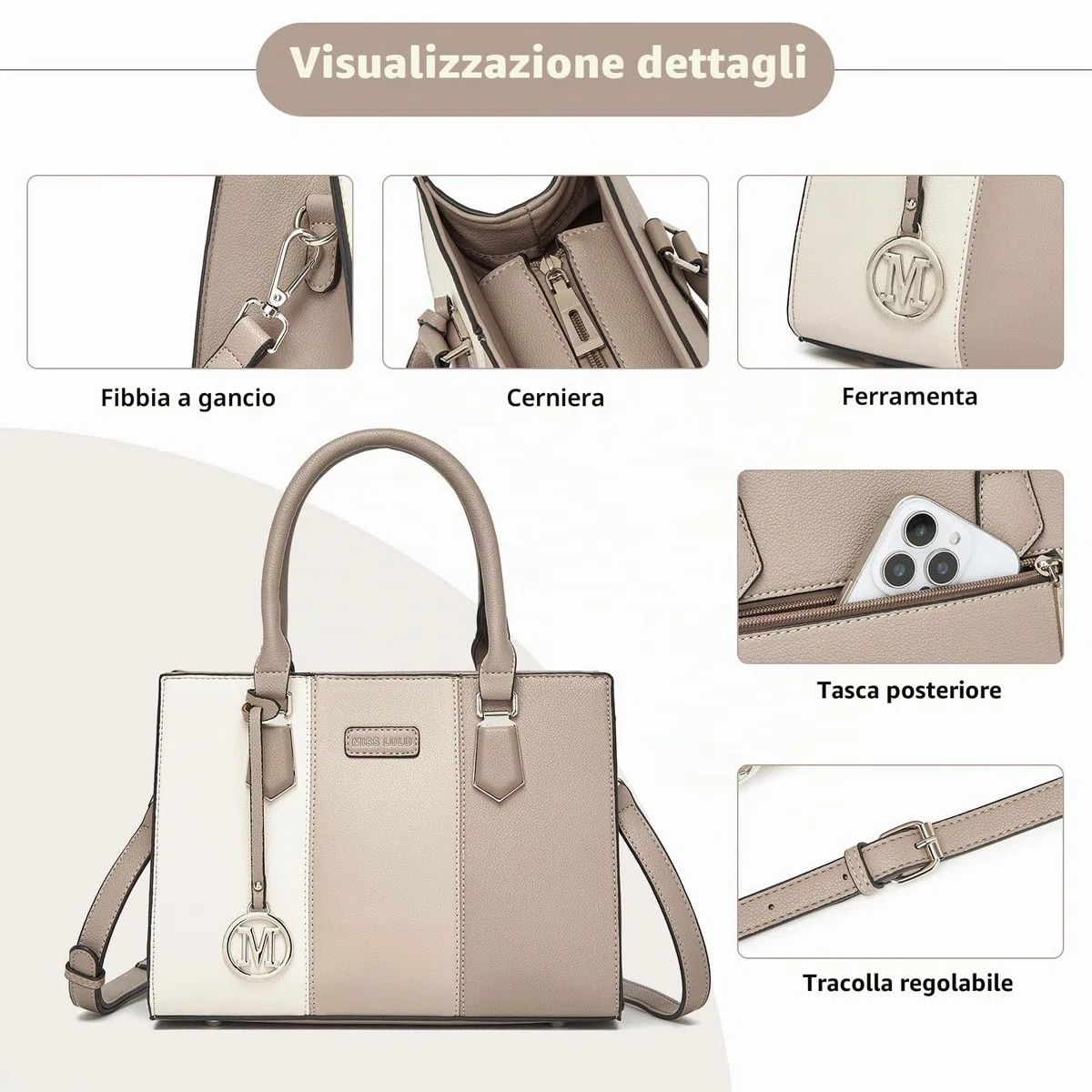 Miss Lulu Borsa a Mano Donna Media, Tracolla PU con Texture Litchi a Tre Tonalità Color Block, Spallina Regolabile, Cerniere Antifurto Posteriore, 4 Tasche, per Lavoro Viaggi Scuola