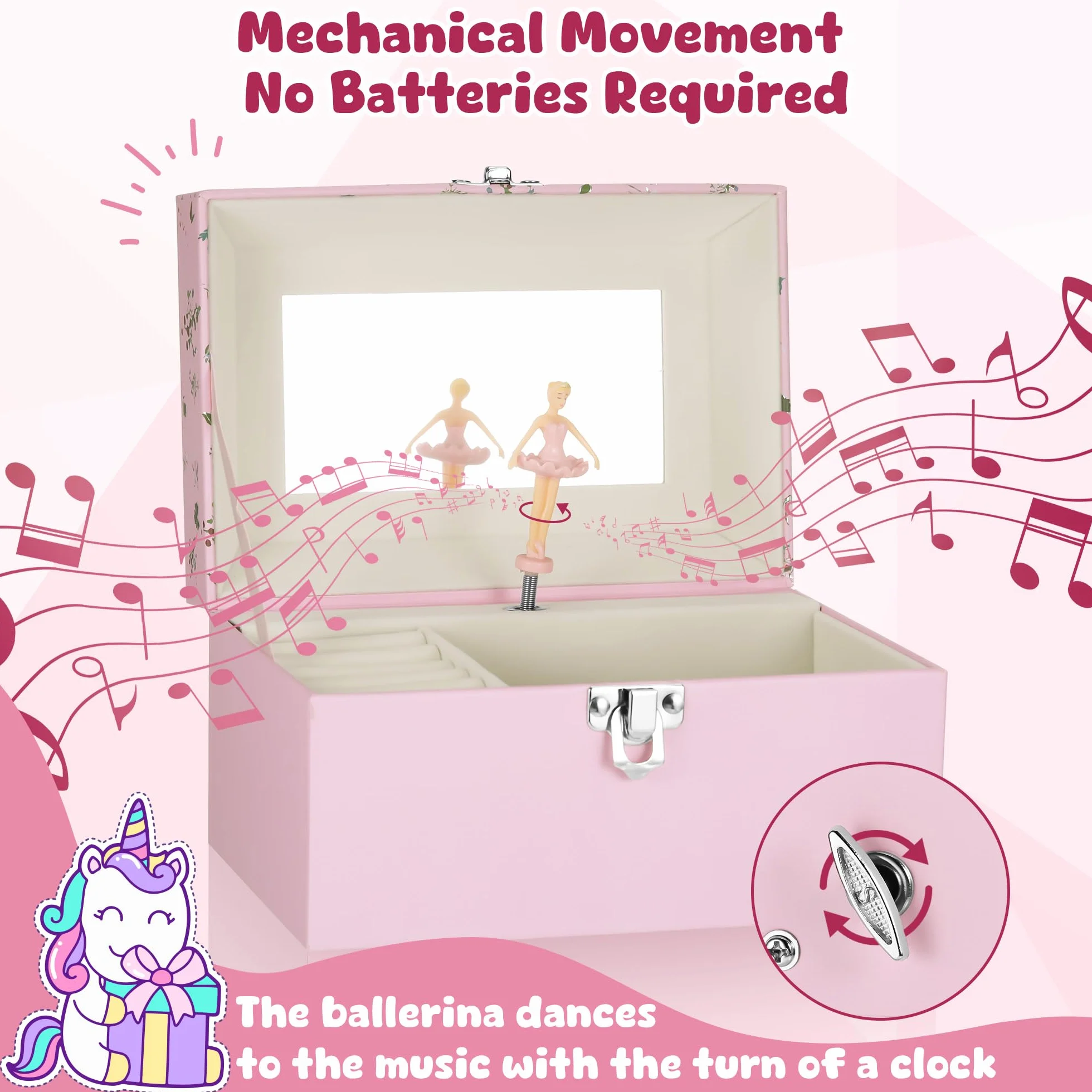 Scatola Musicale per Bambine, Portagioie Carillon con Ballerina Rotante, Carillon Portagioie Musicale Keepsake Regalo per Età 3-10 Anni, 18x12x10cm, Rosa