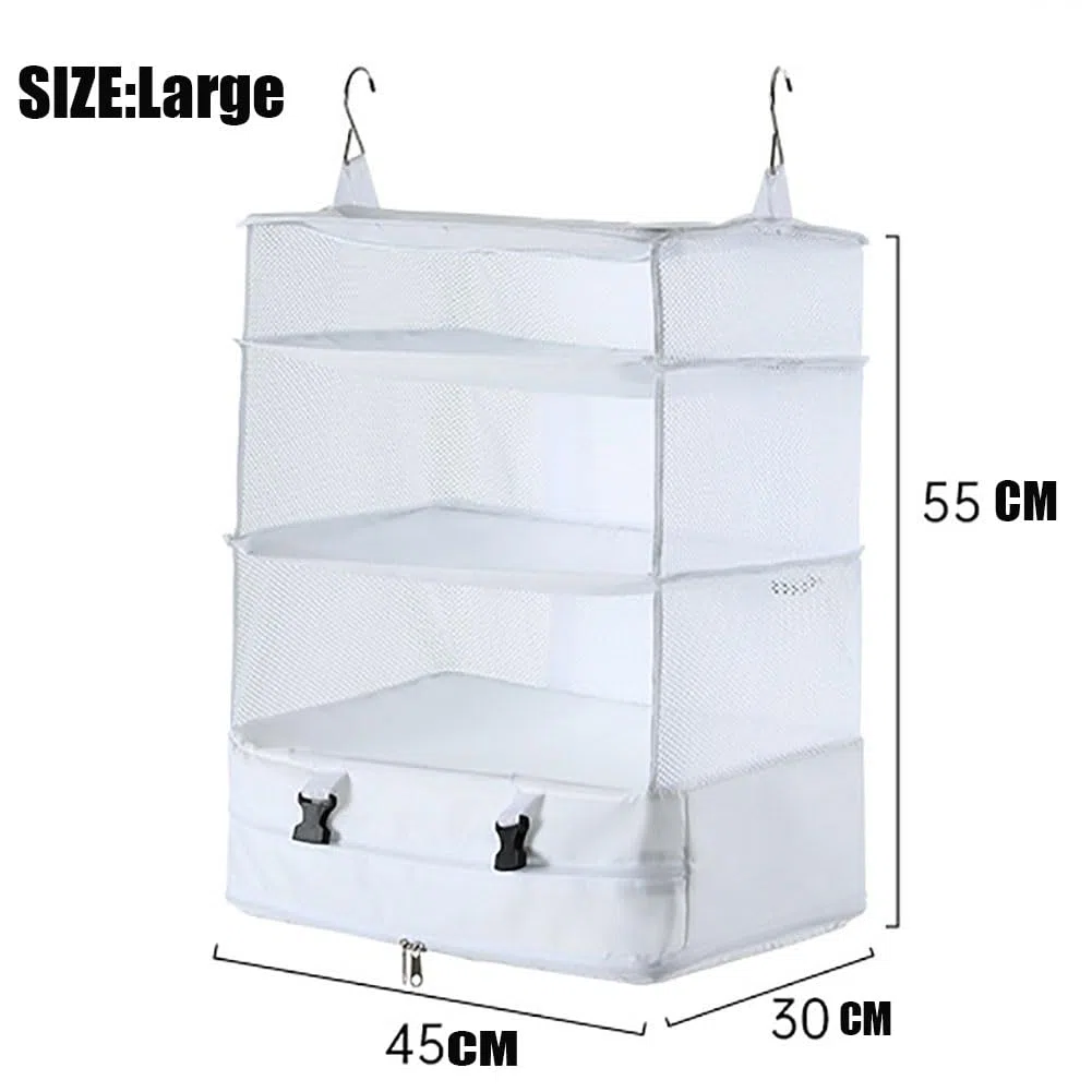 Organizer per valigia, da appendere, a cubo, a compressione con 3 ripiani, 2 ganci, pieghevole, per bagagli a mano, organizer da viaggio, portatile, cubo per zaino, bianco