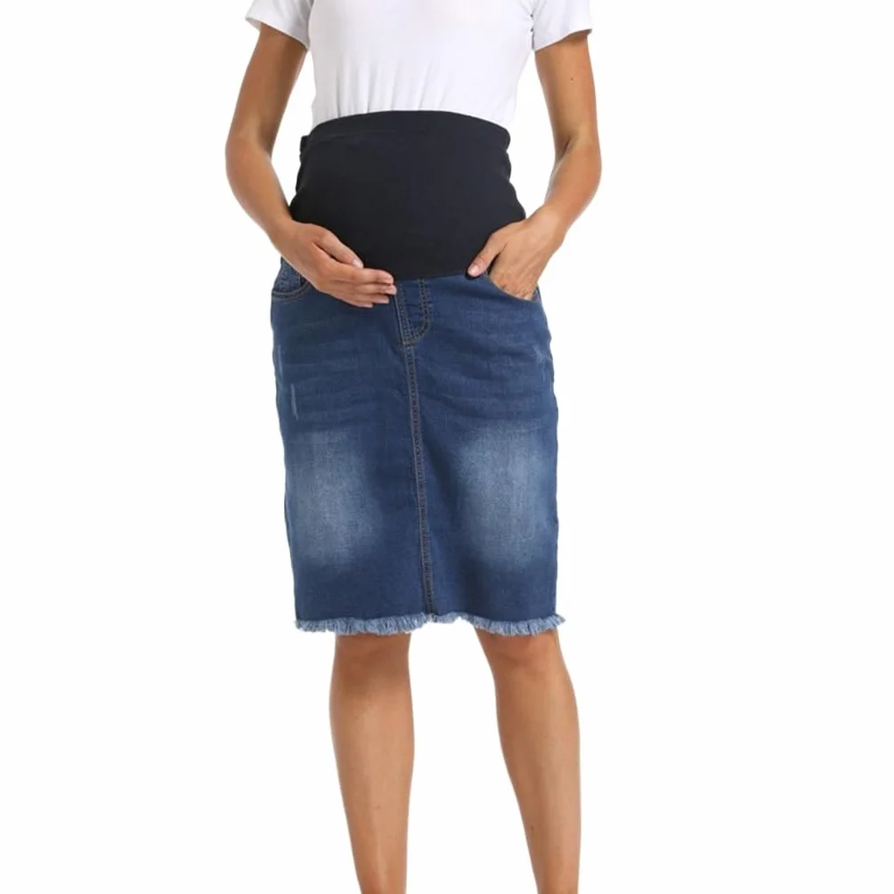 FaroLy Gonna Donna maternità Casual Jean Vita Alta Orlo Grezzo Bodycon Denim Vestiti di Gravidanza con Tasche