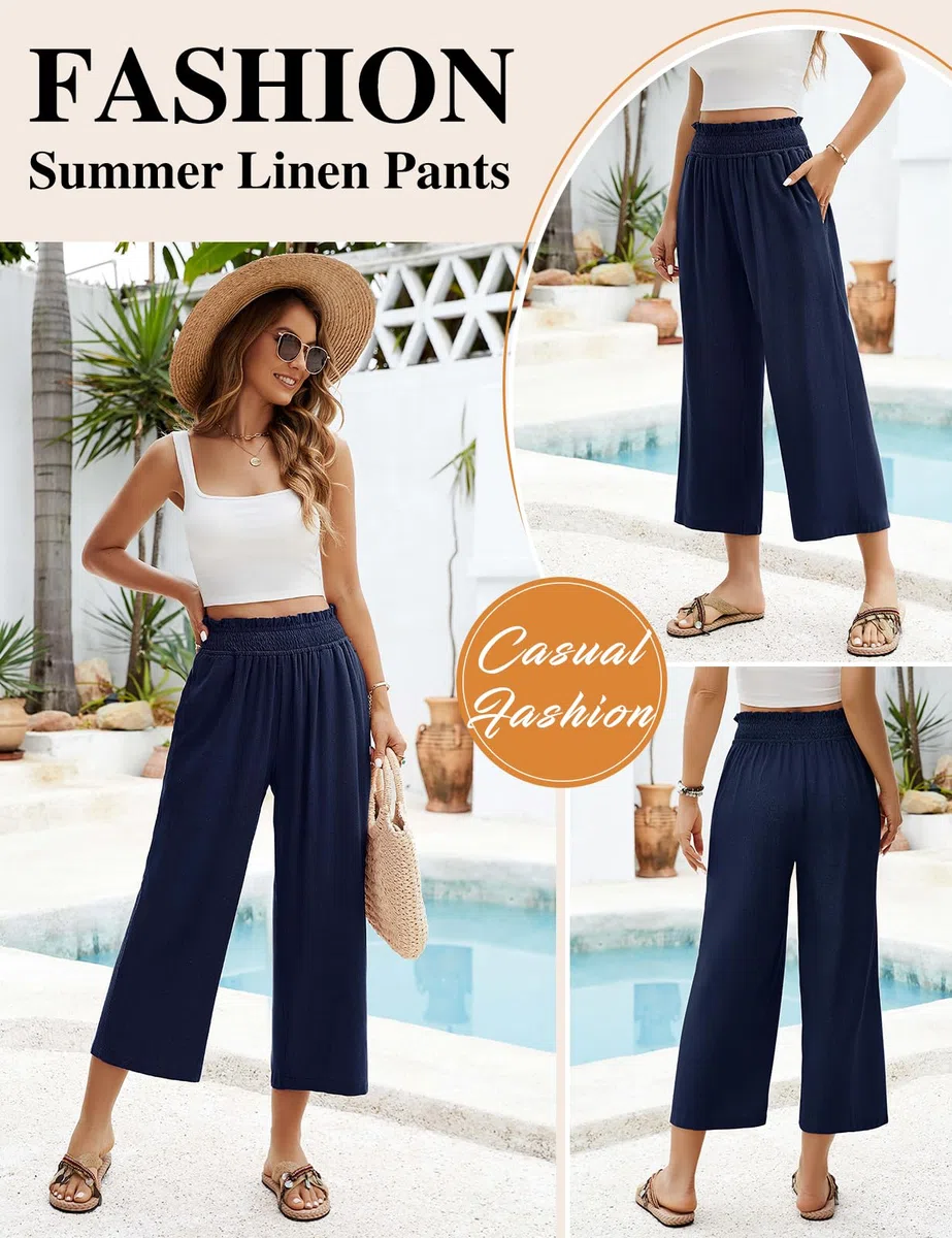 Pantaloni Lino Donna Estivi Leggeri Pantaloni Larghi Cotone e Lino Elastici in Vita 7/8 Pantaloni a Gamba Eleganti Casual Allentati Comodi Pants con Tasche