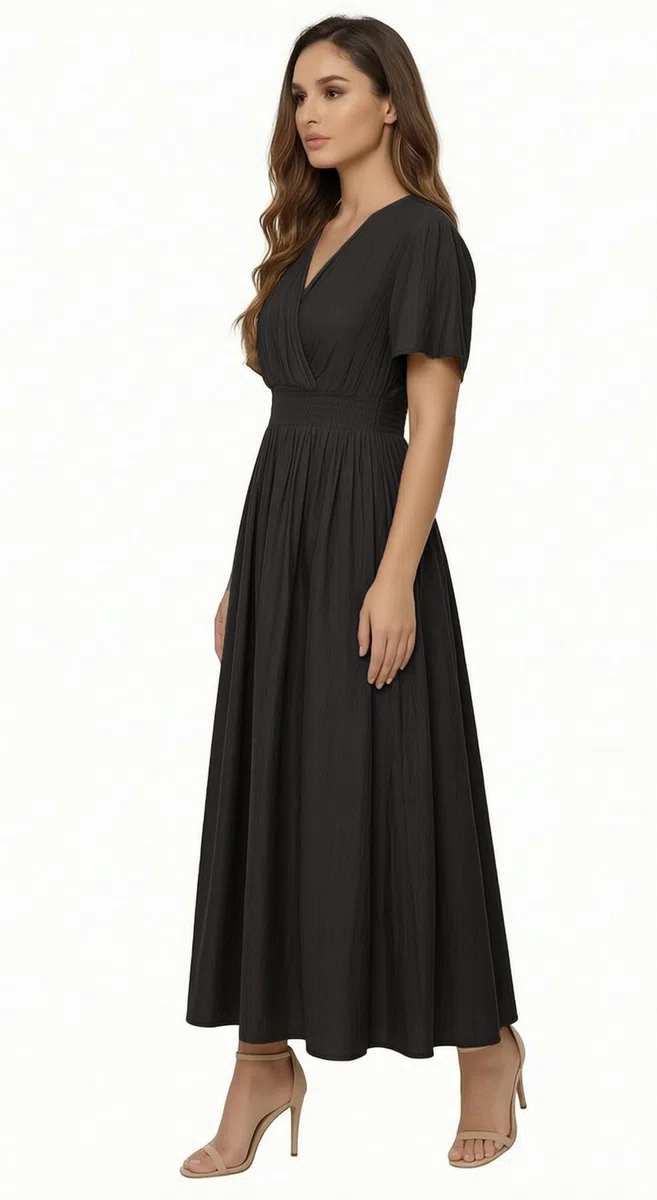 Vestito Donna Estivo Lungo Elegante Casual Tinta Unita Scollo a V Maniche a Volant Vita Elastica Linea A Abito Spiaggia Mare Q131
