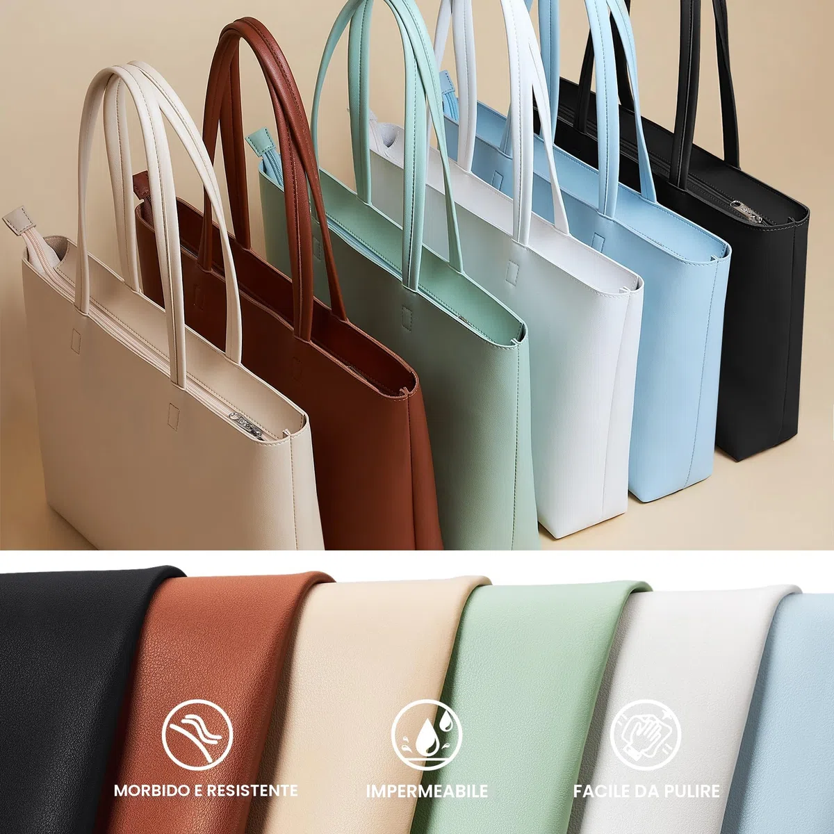 KALIDI - Grande borsa a mano da donna in pelle sintetica PU, shopper, tote bag, impermeabile, con chiusura lampo, per lavoro, viaggi, shopping, scuola