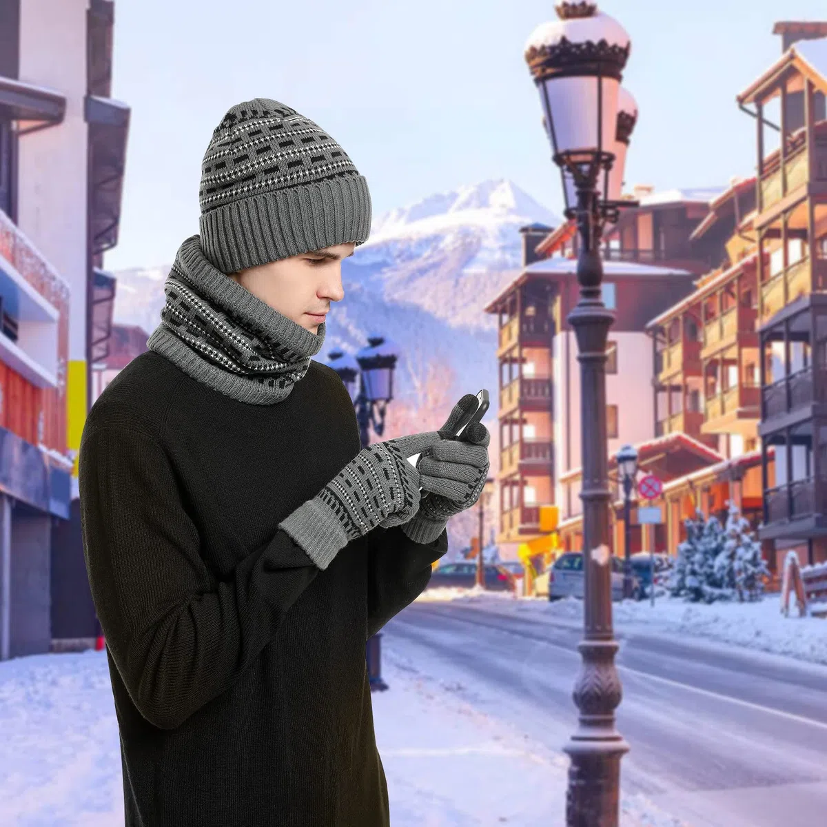 Cappello Sciarpa e Guanti Touch Screen Set per Uomo Berretto Invernale Guanti Termici e Scaldacollo con Fodera in Pile per Uomo