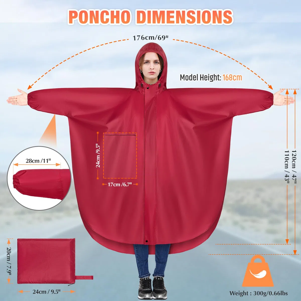 LUROON Poncho Antipioggia Impermeabile Donna Uomo con Maniche e Tasca, Riutilizzabili Mantella Antipioggia, Impermeabile Portatile con Cappuccio Strisce Riflettenti per Adulto Per Escursionismo Viaggi