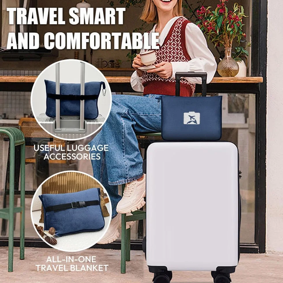 Coperta da viaggio 2 in 1, ultra leggera, calda, per auto, 152 x 127 cm, per vacanze, ufficio, casa, viaggi d'affari (blu marino)