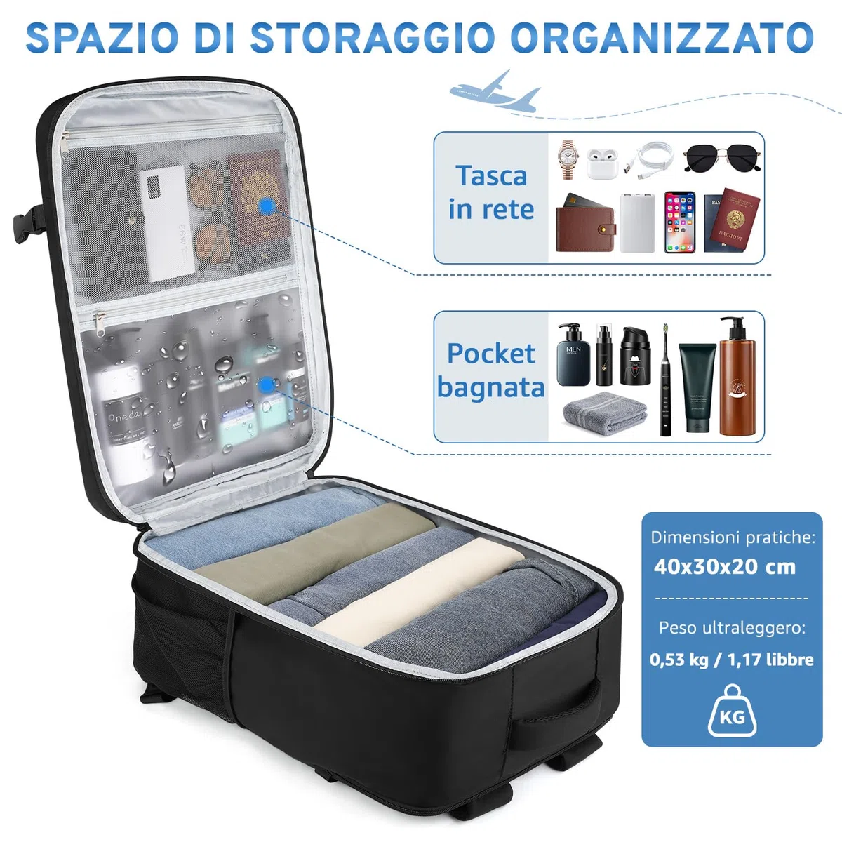 ZOMFELT Zaino Ryanair 40x30x20, 24L Bagaglio a Mano 40x30x20 Aereo, Zaino da Viaggio Porta Computer 15.6 Pollici, Zaino Antipioggia Compatto per Ryanair, Wizz Air, EasyJet, Nero