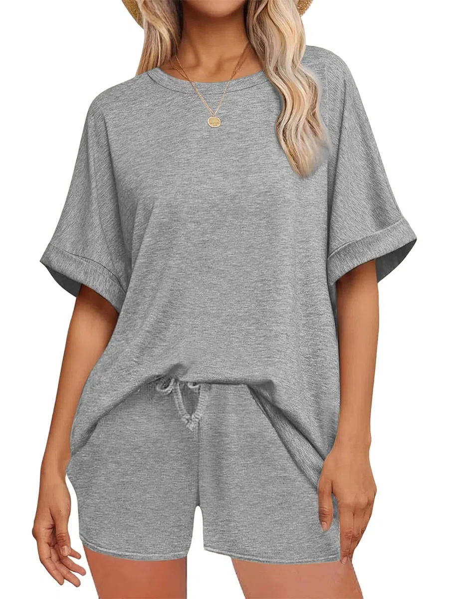 Tuta da Donna Estiva 2 Pezzi Girocollo a Maniche Corte a Pantaloncini Vita Alta con Tasche Completo Sportiva Due Pezzi Casual