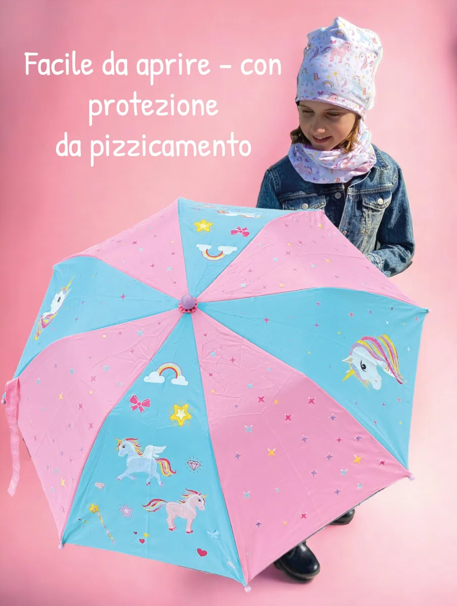 HECKBO Magic Ombrello per bambini - motivi diversi - cambia colore in caso di pioggia - ombrello pieghevole: si adatta a qualsiasi zaino scolastico