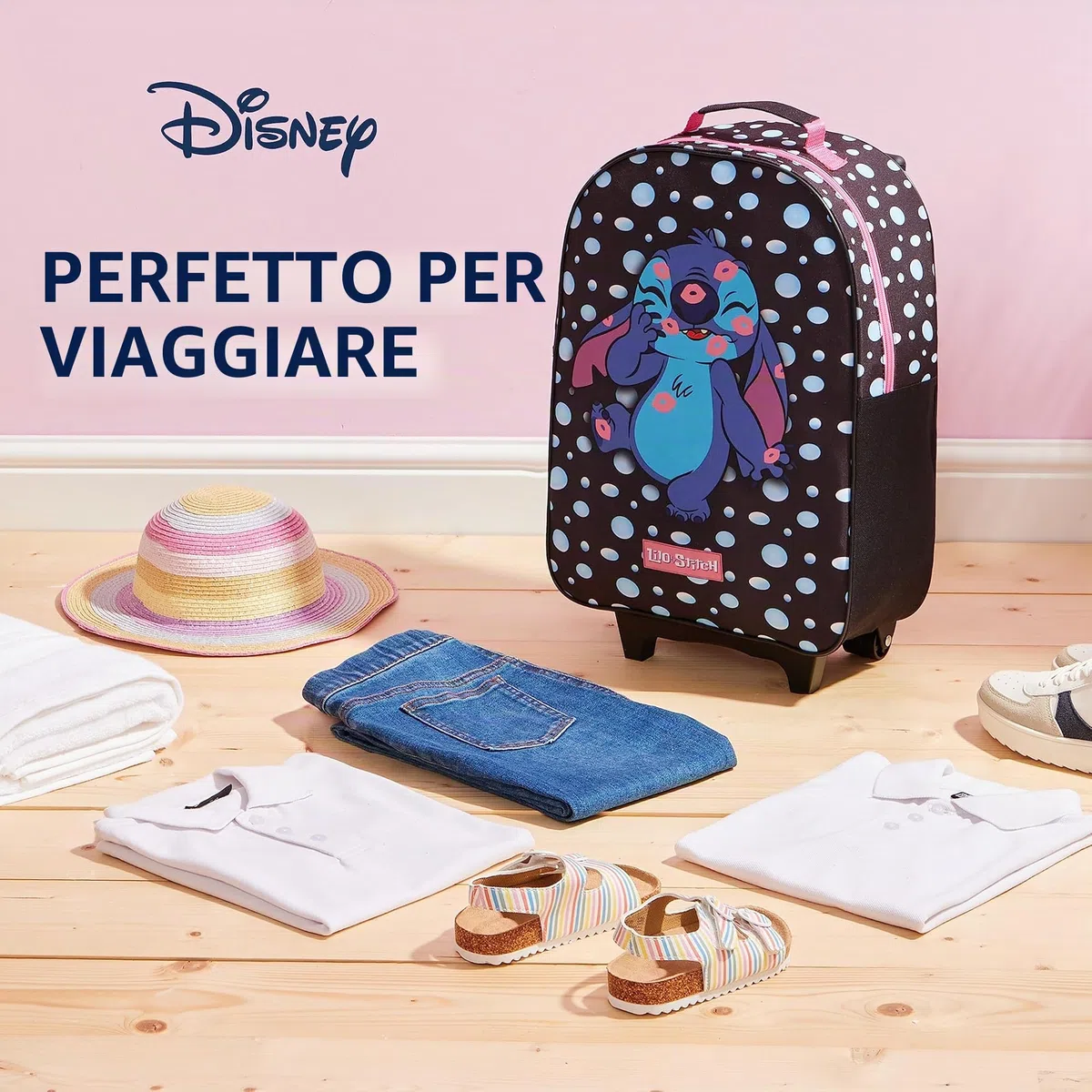 Disney Trolley Bambina Valigia Trolley Minnie Stitch Frozen Valigia per Bambini da Viaggio Bagaglio a Mano Cabin Bag 2 Ruote Accessori Minnie Elsa Stitch Gadget (Nero Stitch)