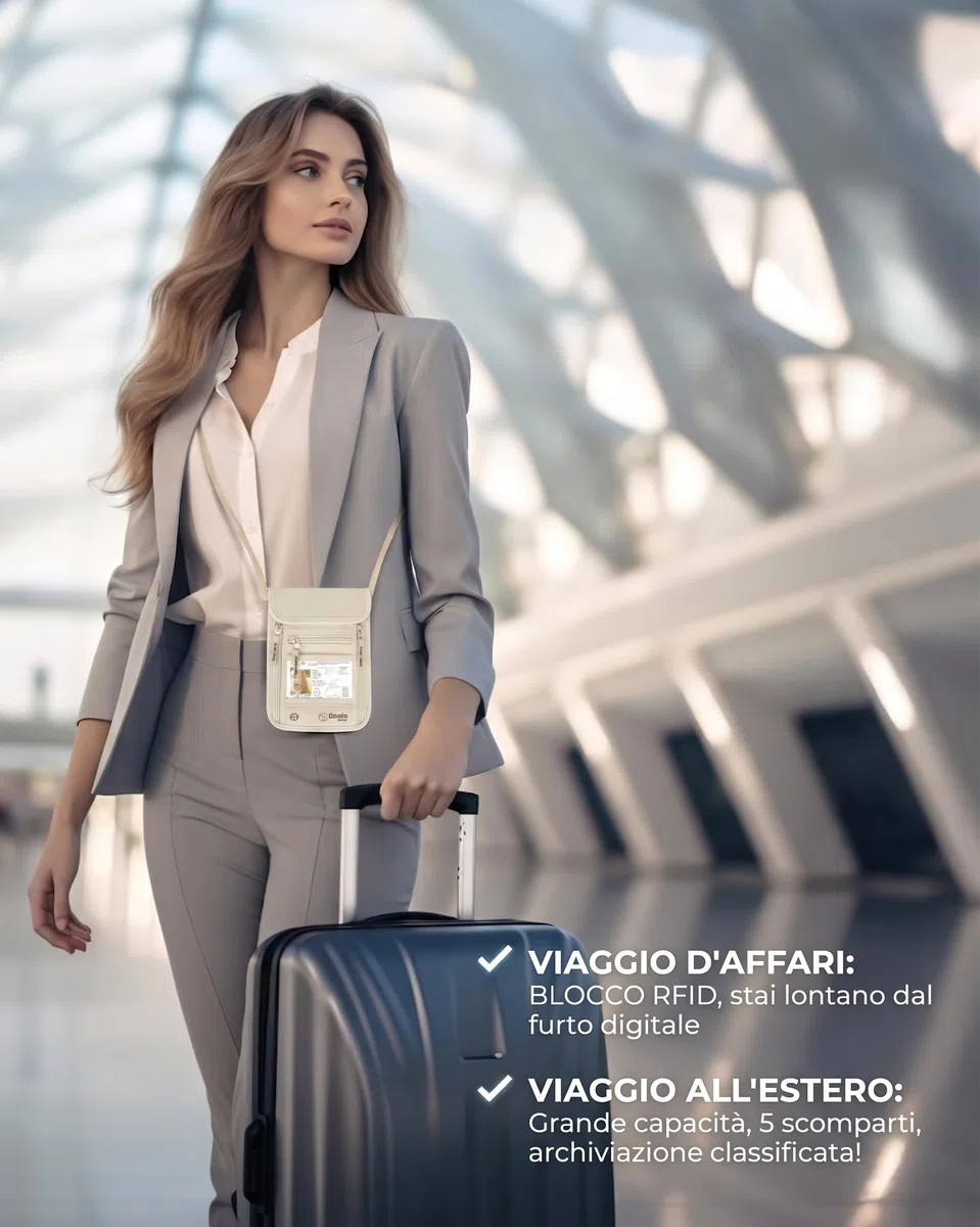 Portafoglio da Collo con Protezione RFID Beige - Borsello da Collo Antifurto in Nylon Ripstop Impermeabile con 5 Tasche e Tracolla Regolabile per Passaporto, Documenti, Carte e Contanti in Viaggio
