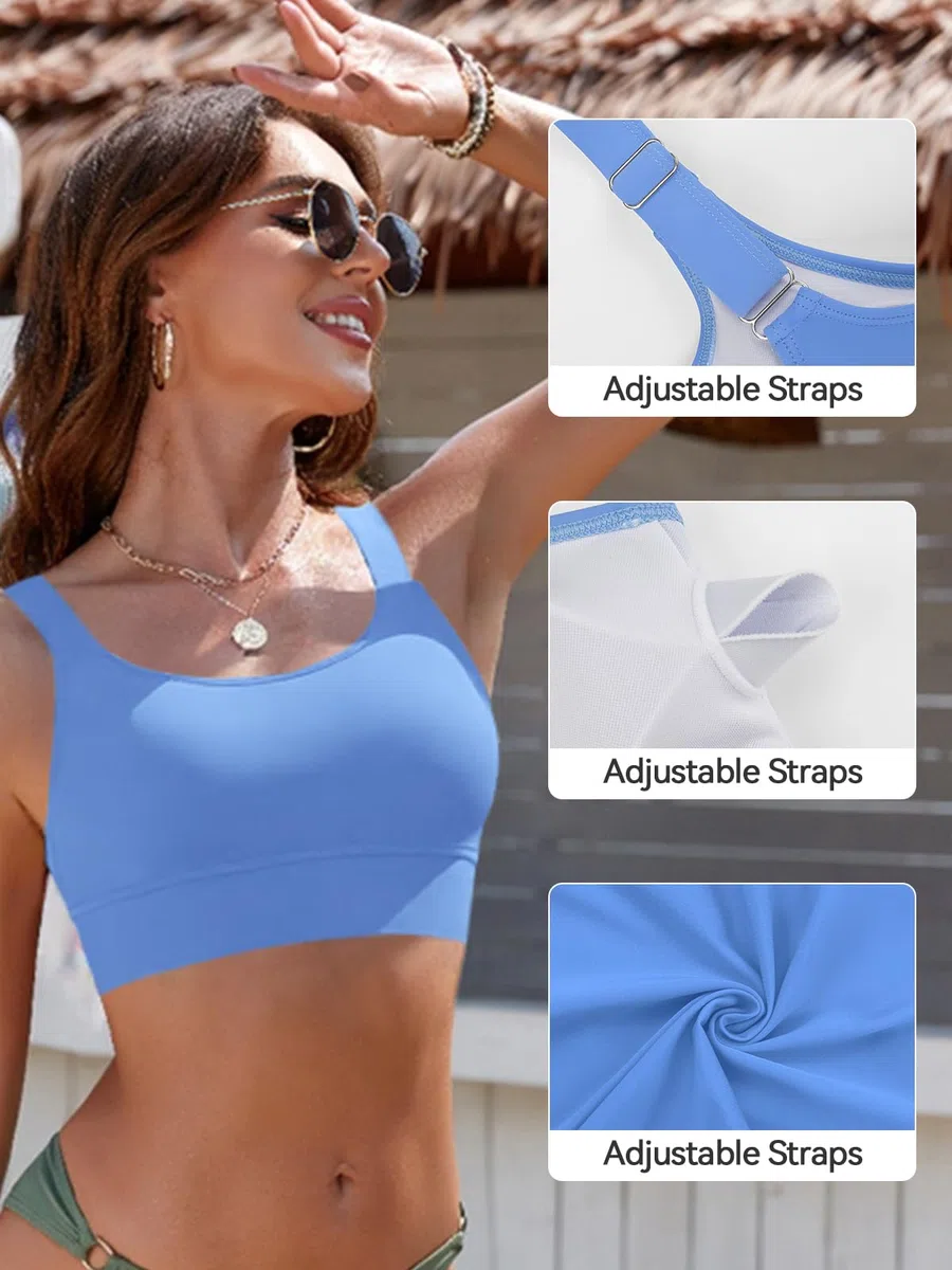 SHEKINI Bikini da donna imbottito, reggiseno sportivo, spalline regolabili, con scollo a U, per spiaggia, piscina e sport acquatici