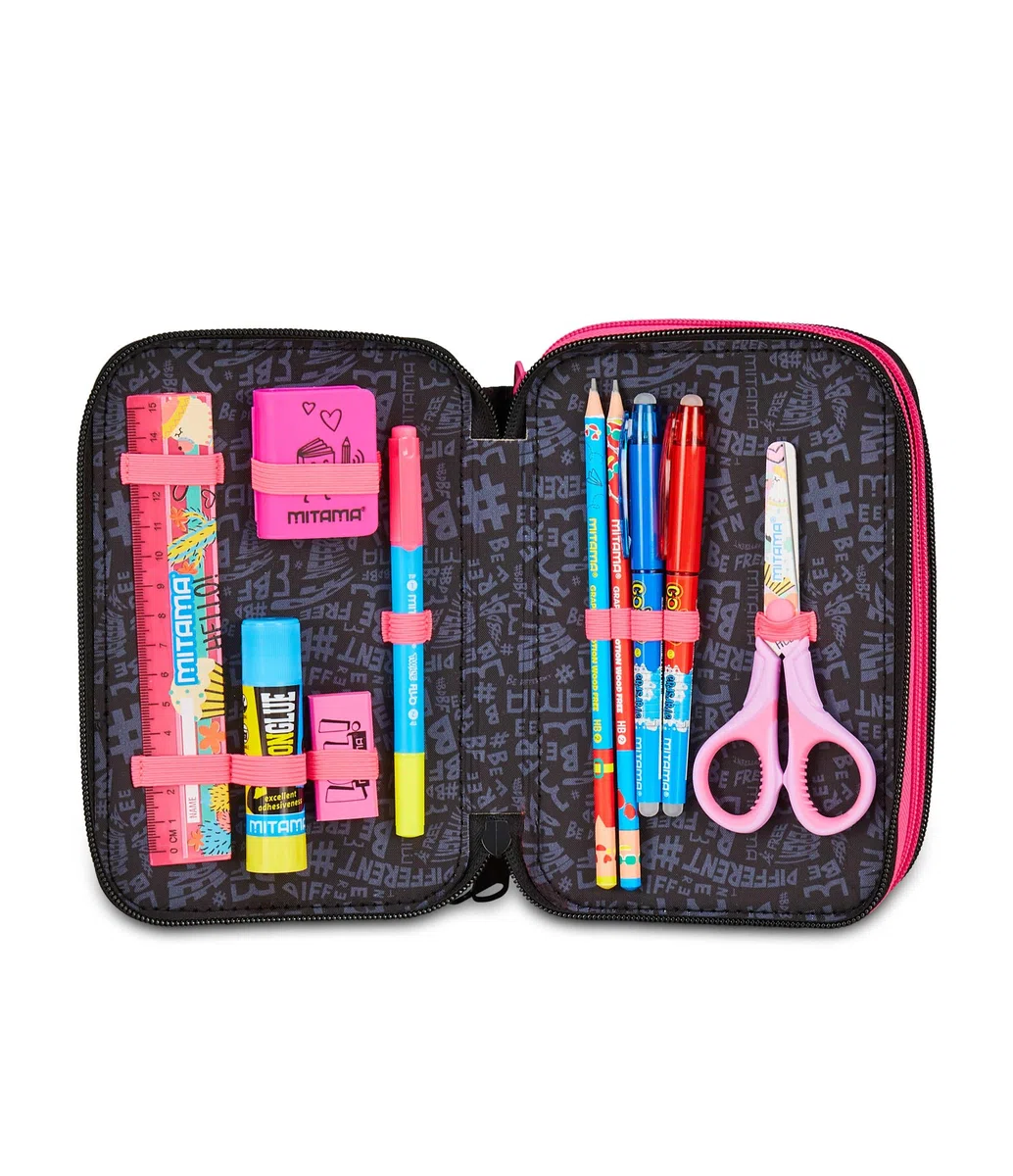 Mitama Astuccio Scuola 3 Scomparti, SUPER TRIPLO MUSIC POP, Contenuto 47 pz, Completo di Matite, Pennarelli, Portapenne Scuola Elementare Bambina