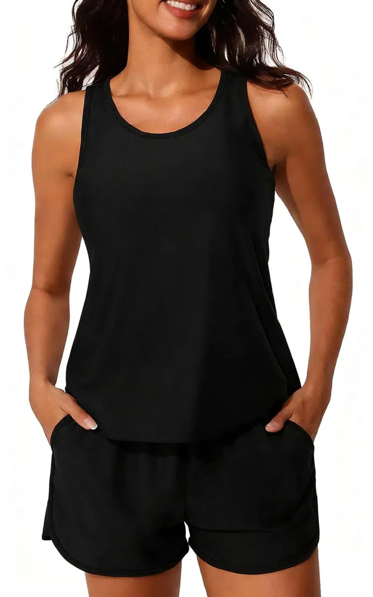 Yutdeng Tankini Donna Mare Costume da Bagno Due Pezzi Modest Tankini Set Canotta Top Bikini Push Up e Pantaloncini da Bagno con Tasche Costumi da Bagno Sportivi Swimwear da Spiaggia