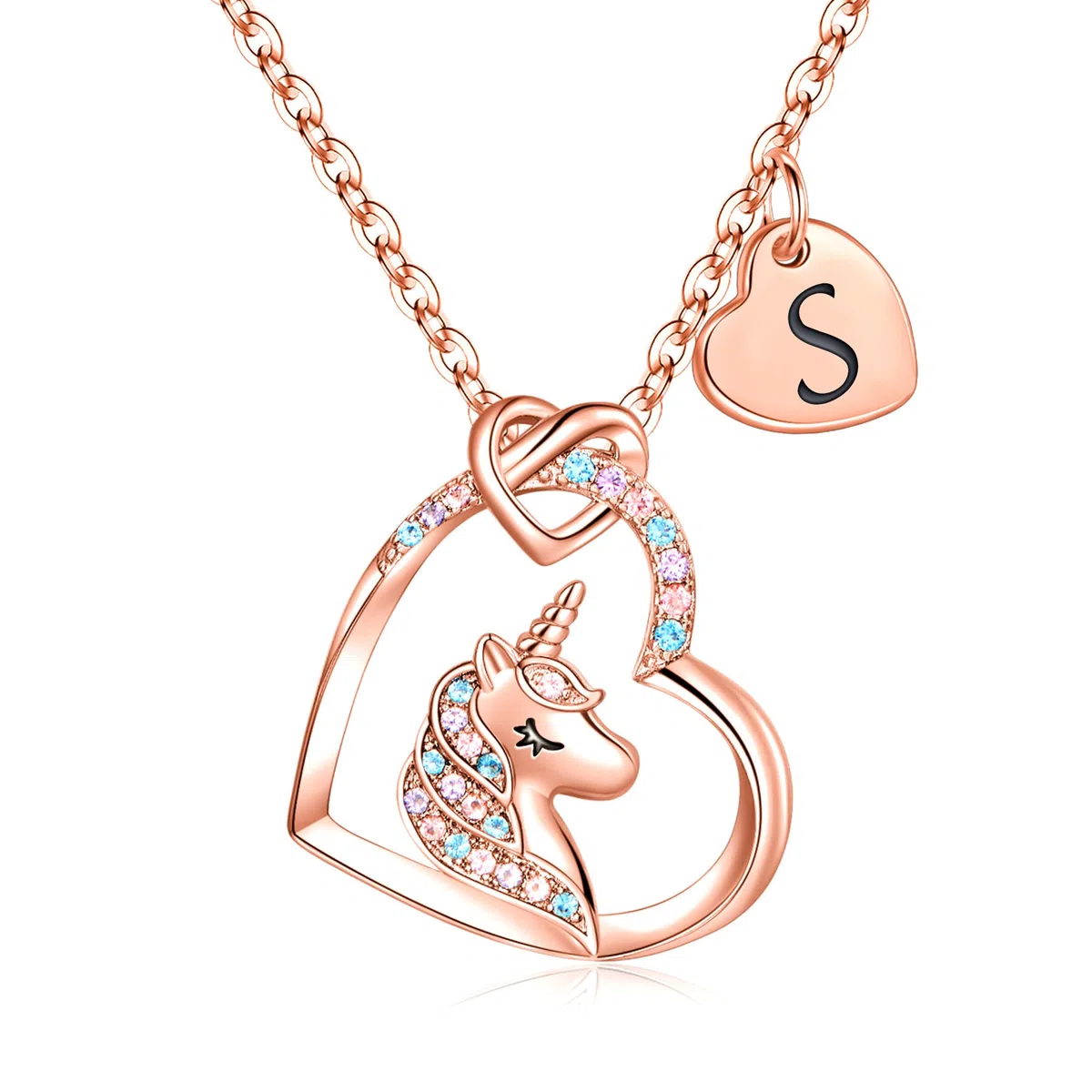 TINGN Regali Unicorno per Ragazze, Iniziali Placcate Oro Rosa 14K Ciondolo a Cuore CZ Collana Unicorno con Lettere per Ragazze Bambini Collana Unicorno Regali Anniversario per Donne Gioielli Ragazze