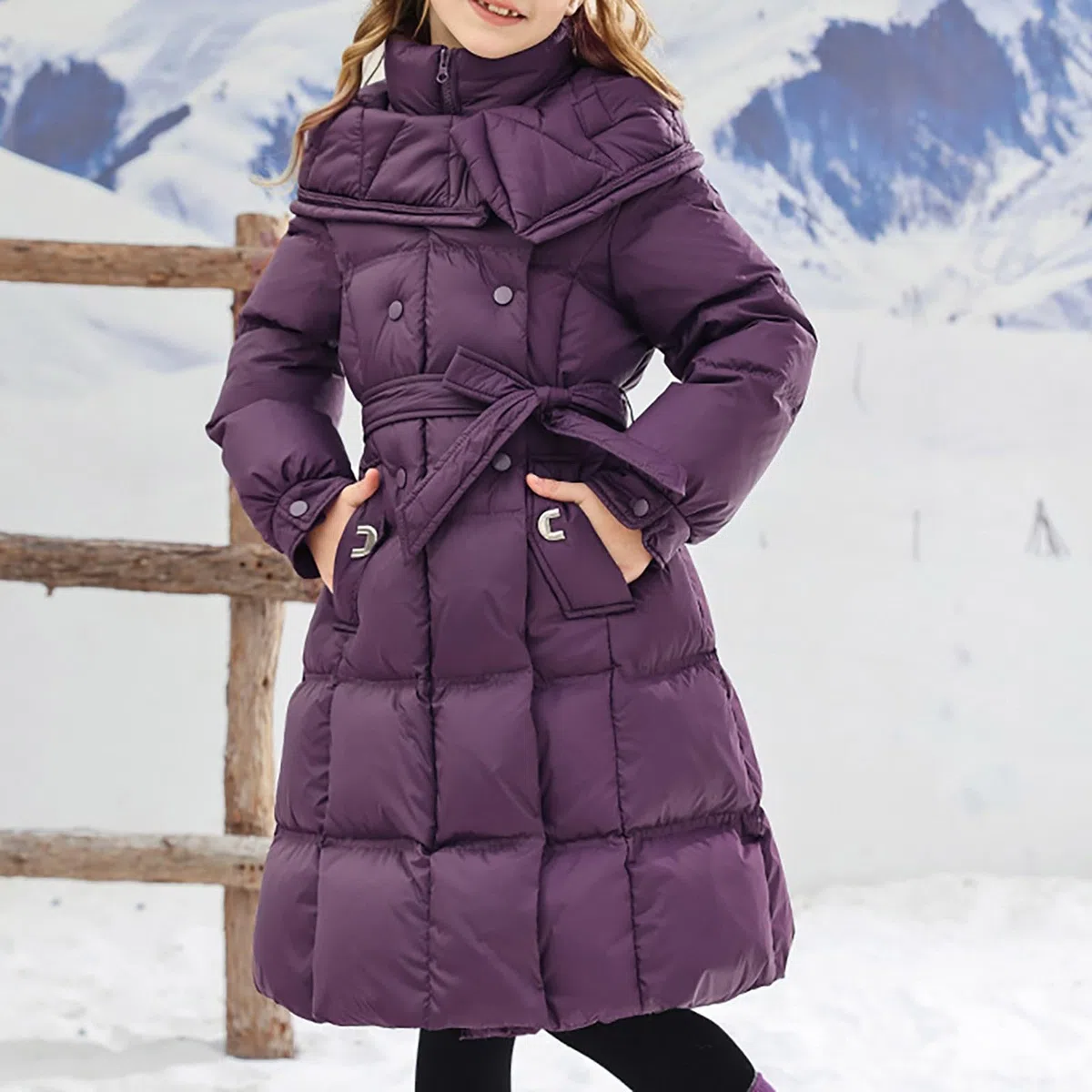 Piumino invernale da ragazza, lunghezza al ginocchio, parka, con fiocco, cintura, colletto rialzato, caldo, pesante, elegante, con cerniera, antivento, capispalla lungo per bambini