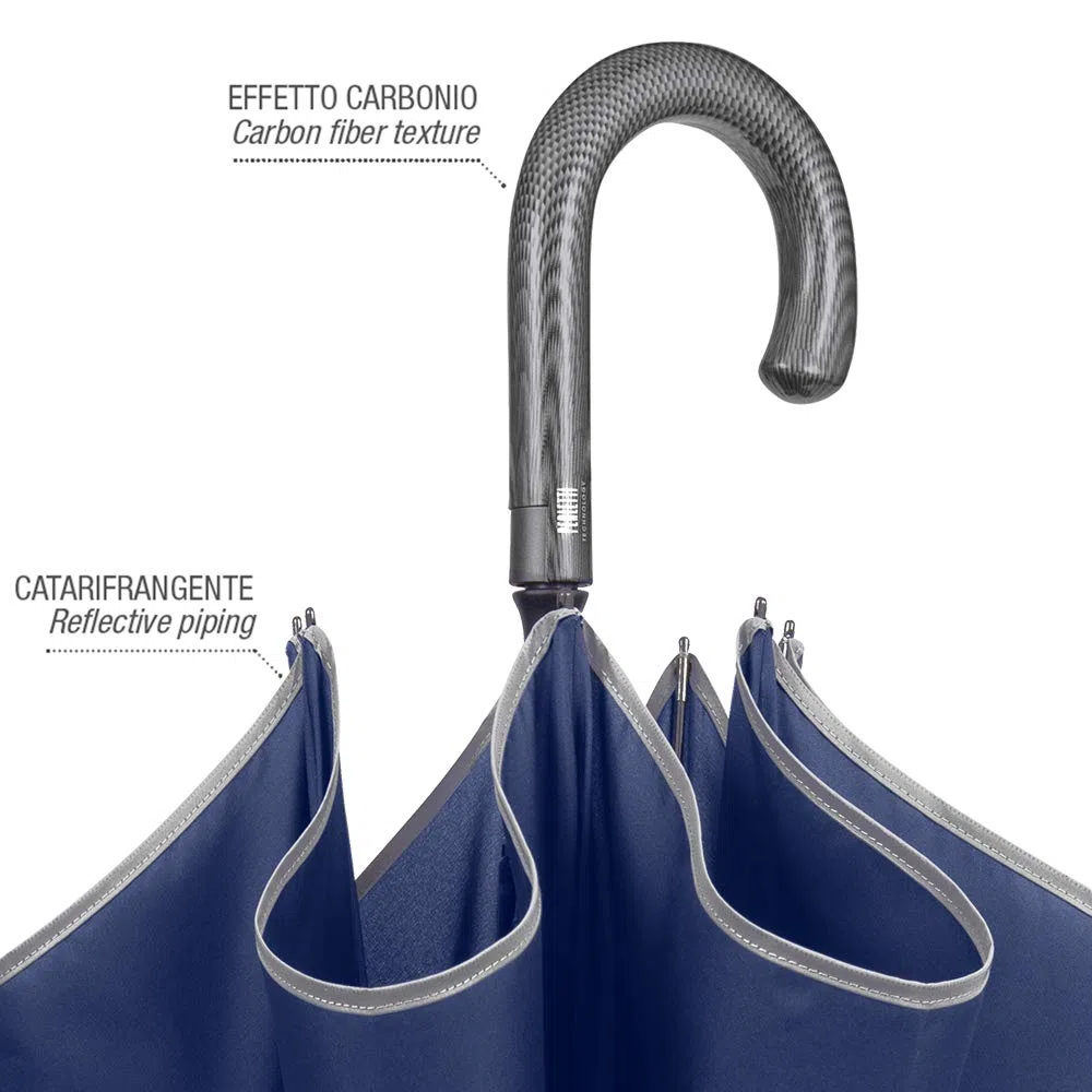 PERLETTI Ombrello Blu CATARIFRANGENTE Lungo Golf Uomo Donna Automatico - Ombrello Classico Grande XL Riflettente 2 Persone Antivento Resistente Robusto in Fibra di Vetro Elegante (Manico Curvo)