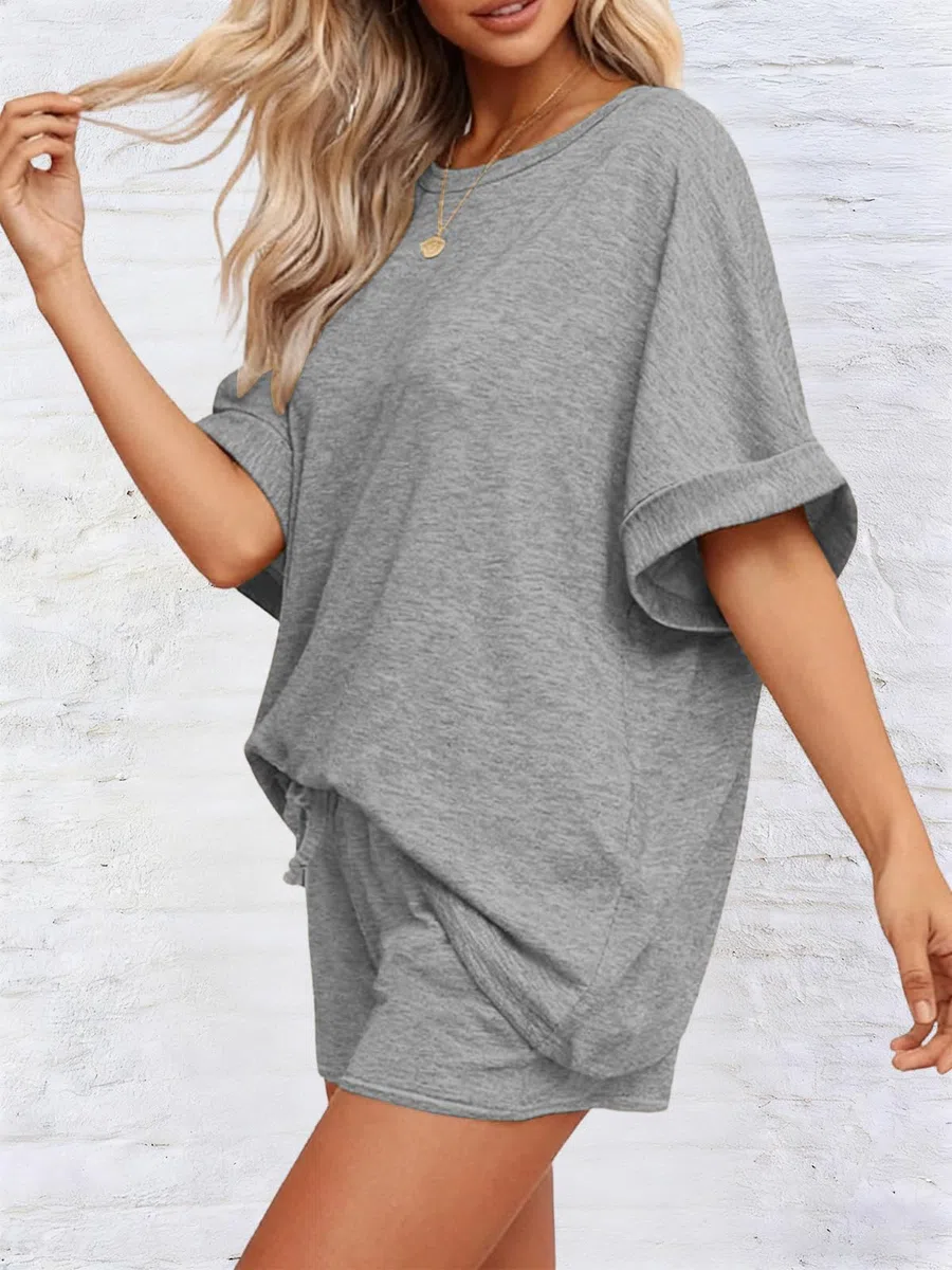 Tuta da Donna Estiva 2 Pezzi Girocollo a Maniche Corte a Pantaloncini Vita Alta con Tasche Completo Sportiva Due Pezzi Casual