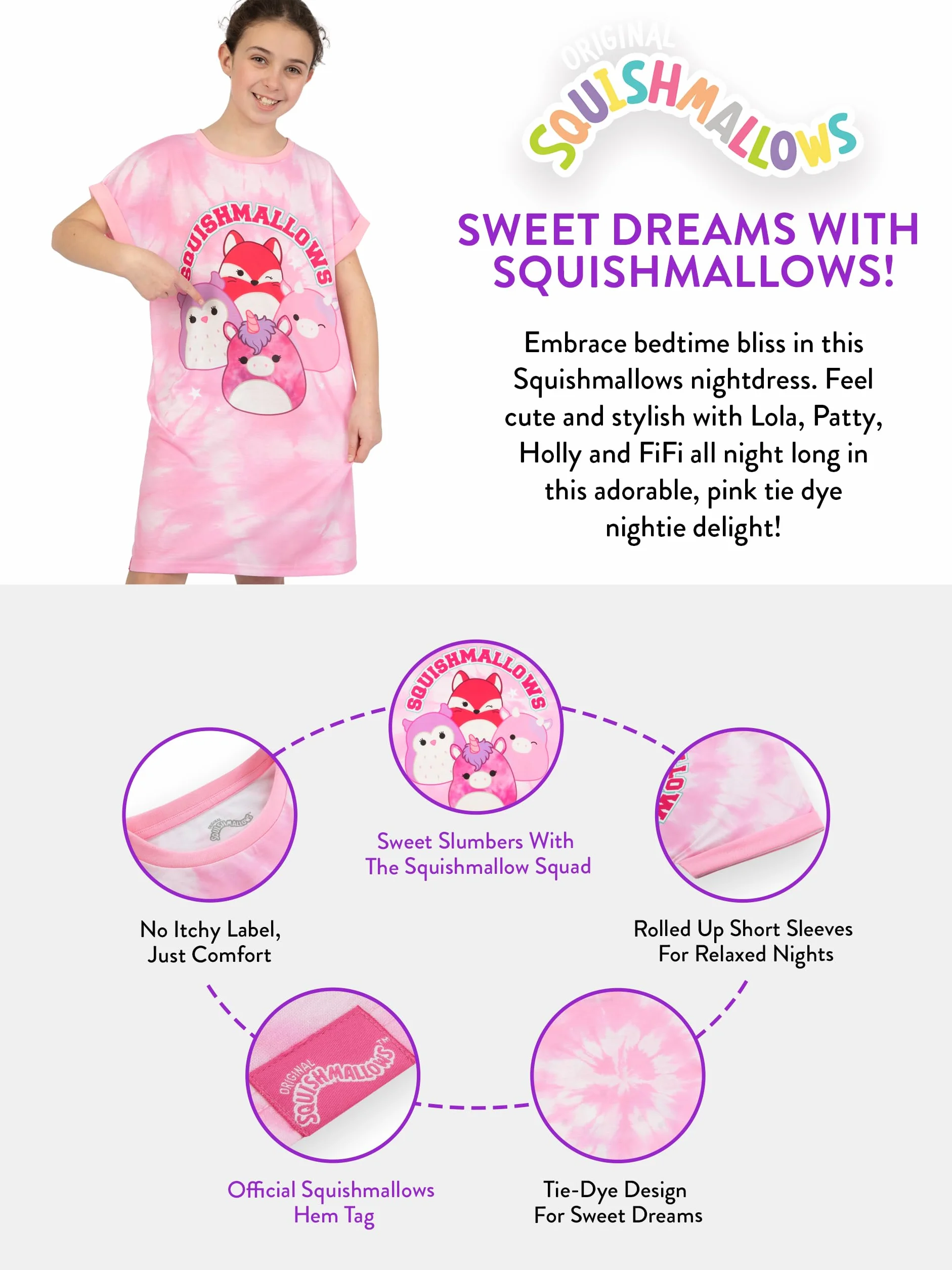 Squishmallows Camicia da Notte, Camicia da Notte Bambina, Pigiama Bambina Tye-Dye