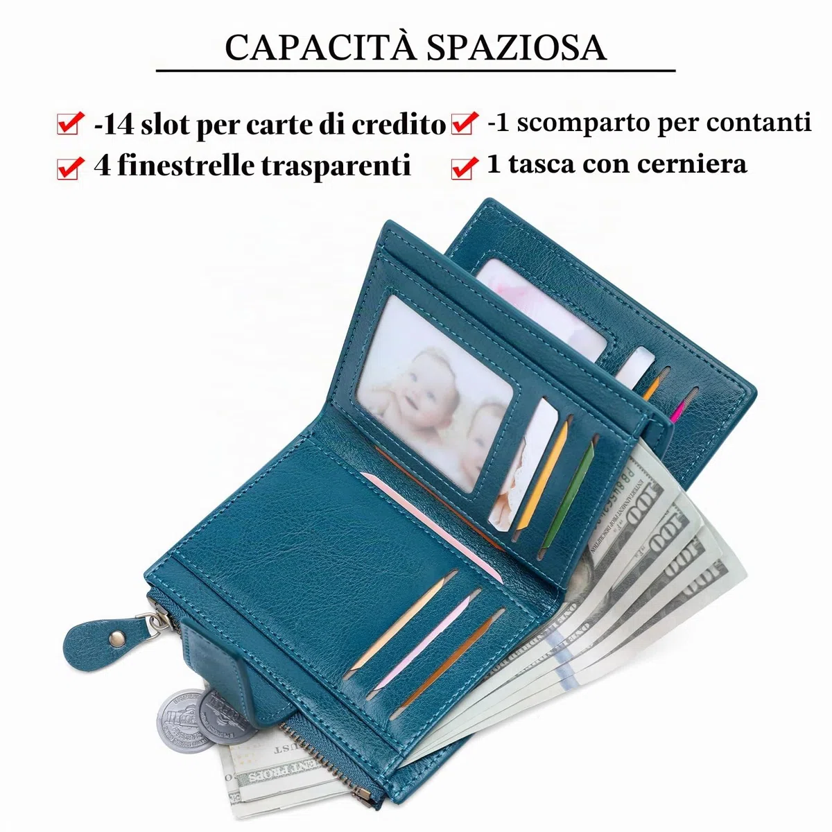 SENDEFN Portafoglio Donna in Pelle Vera Piccolo Portamonete Cute con Cerniera 14 Carte Portafoglio Donna Pelle con Tanti Scomparti